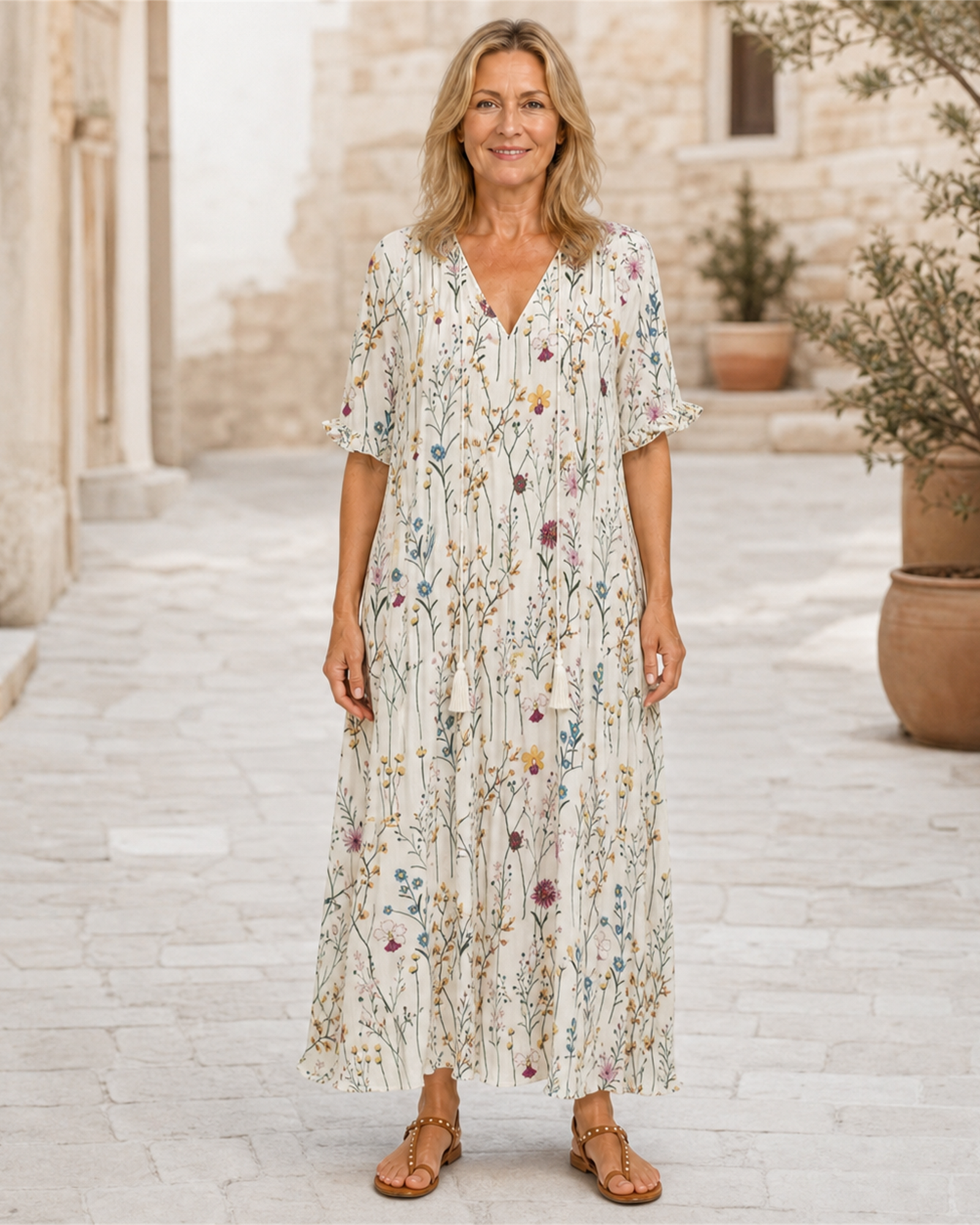 Rochie maxi boho multicoloră, vedere frontală