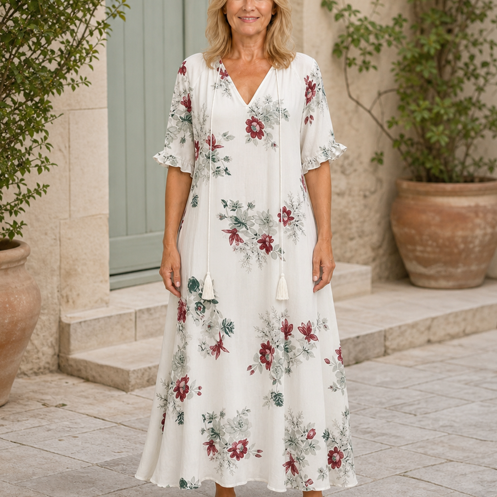Rochie maxi boho albă, vedere frontală