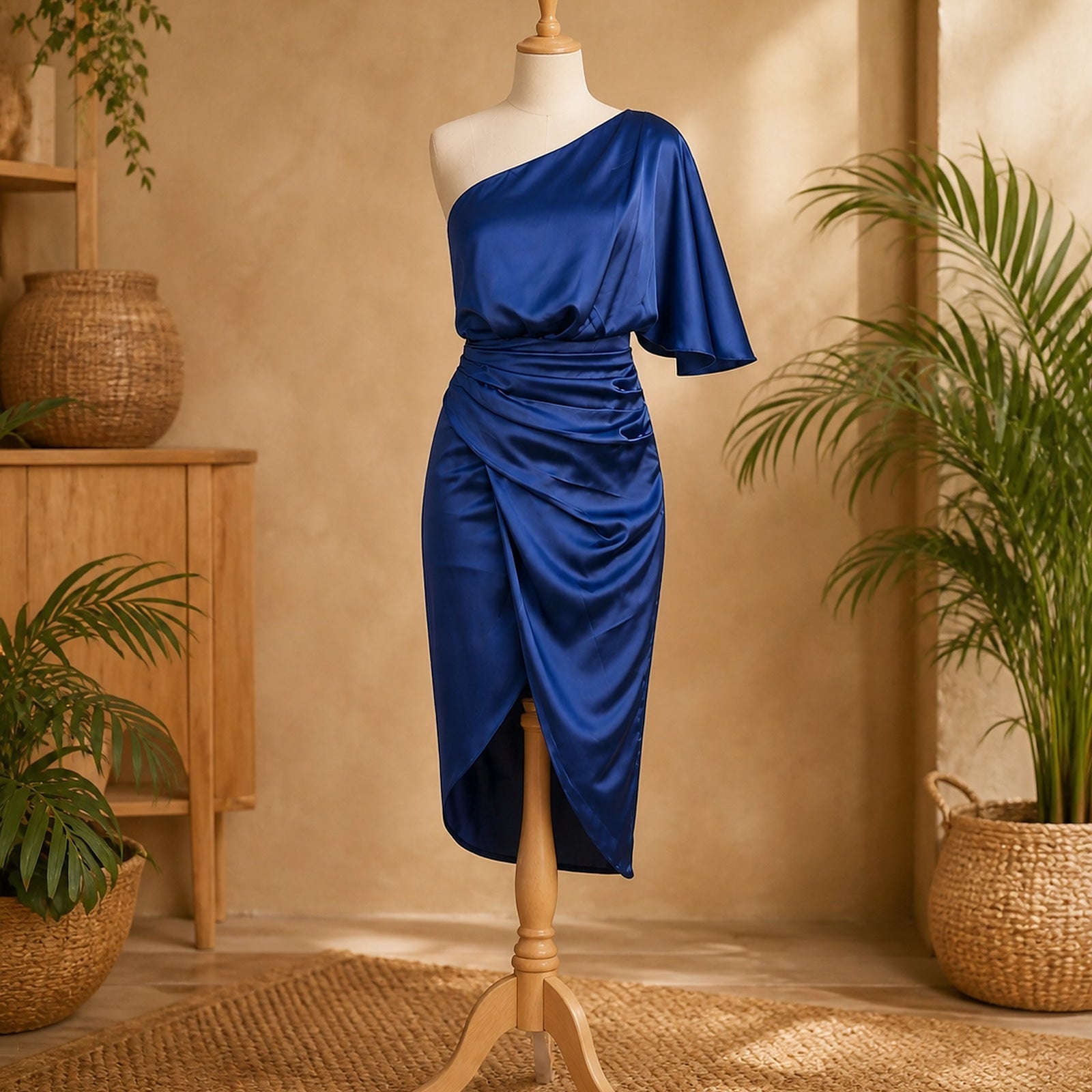 Rochie albastră Antonia din satin prezentată complet pe manechin