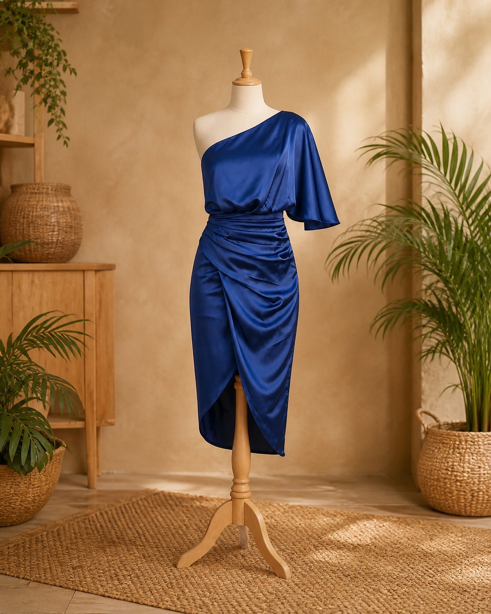Rochie albastră Antonia din satin prezentată complet pe manechin