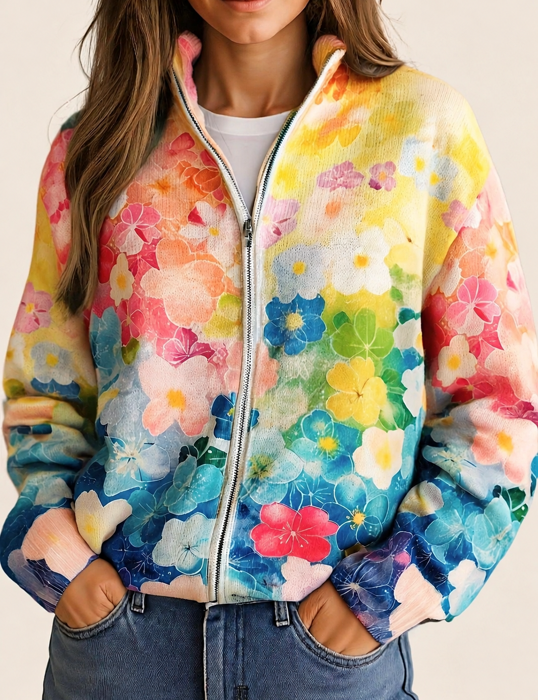 Augusta | Damen Cardigan mit watercolor floral gradient pattern – warmbeiger Studiohintergrund