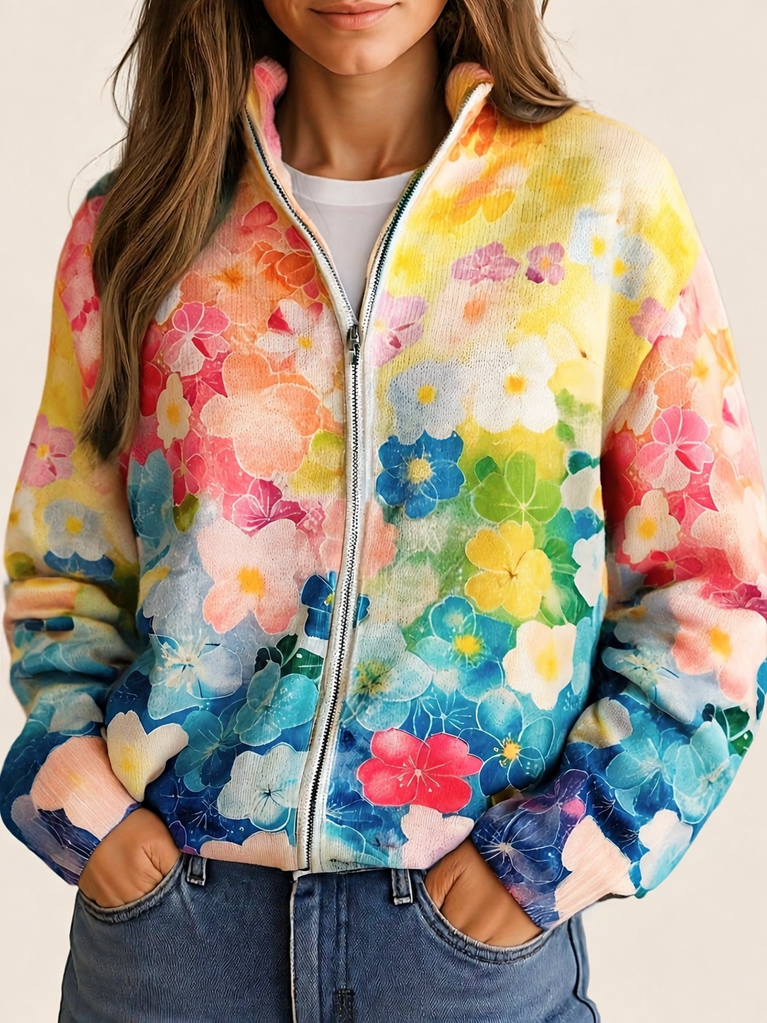 Augusta | Damen Cardigan mit watercolor floral gradient pattern – warmbeiger Studiohintergrund