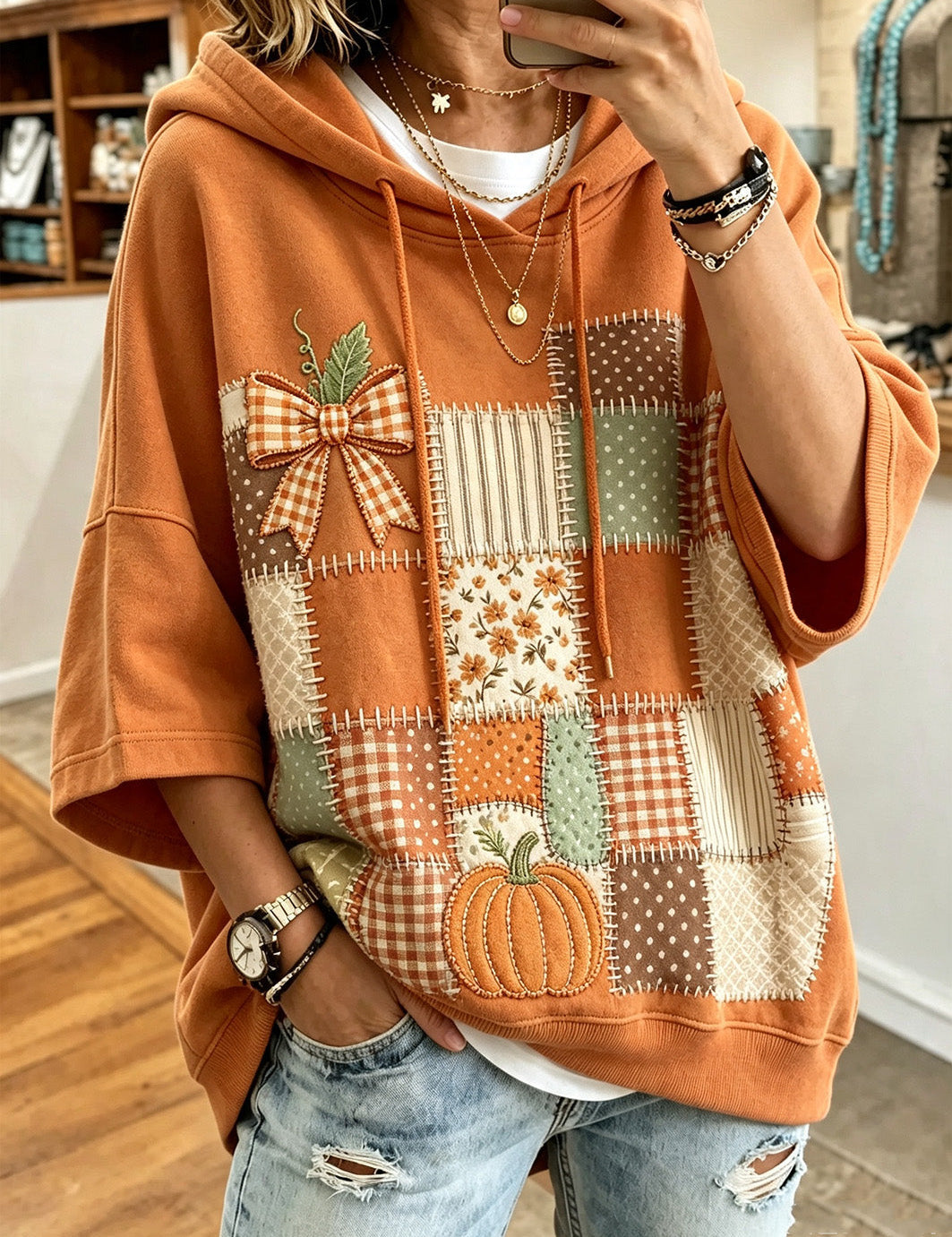Herbst-Sweatshirt mit Kürbis-Patchwork – Kürbisorange