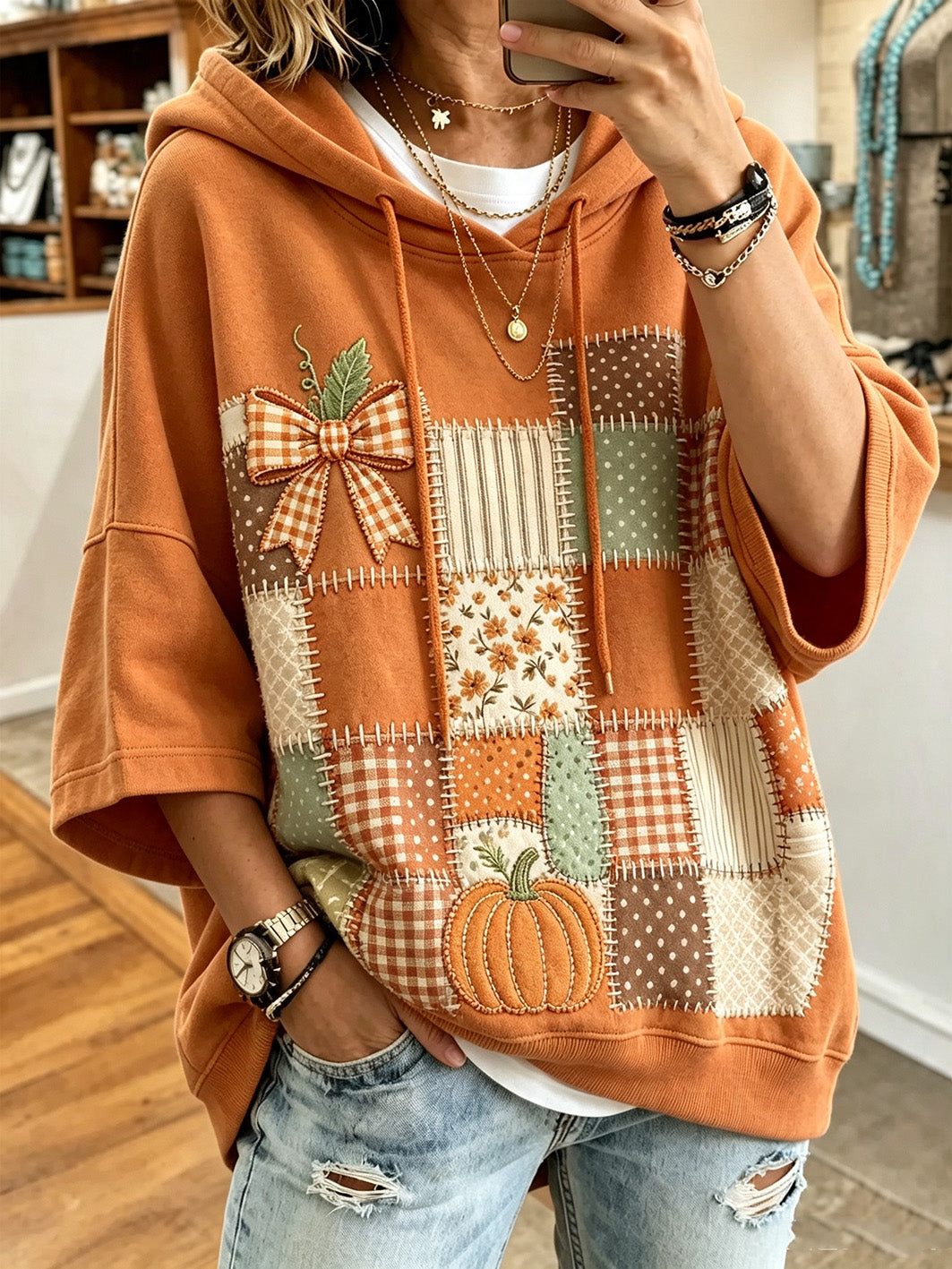 Herbst-Sweatshirt mit Kürbis-Patchwork – Kürbisorange
