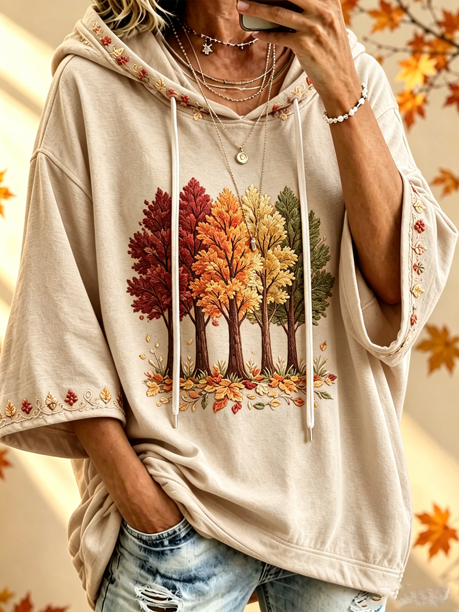 Herbst-Sweatshirt mit Herbstbaummotiv – Beige