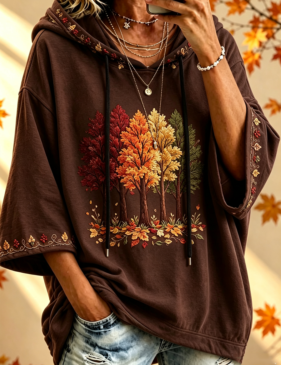 Herbst-Sweatshirt mit Herbstbaummotiv – Braun