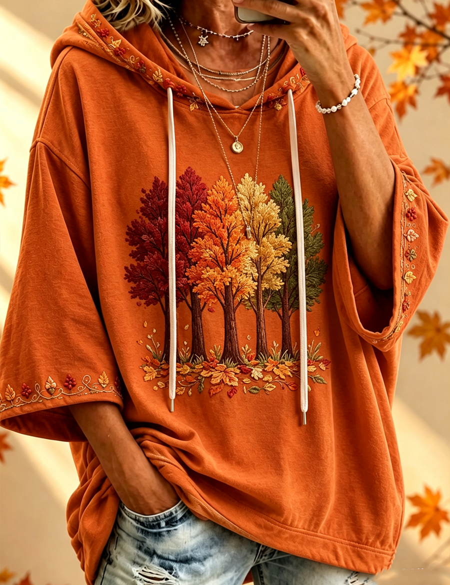 Herbst-Sweatshirt mit Herbstbaummotiv – Orange