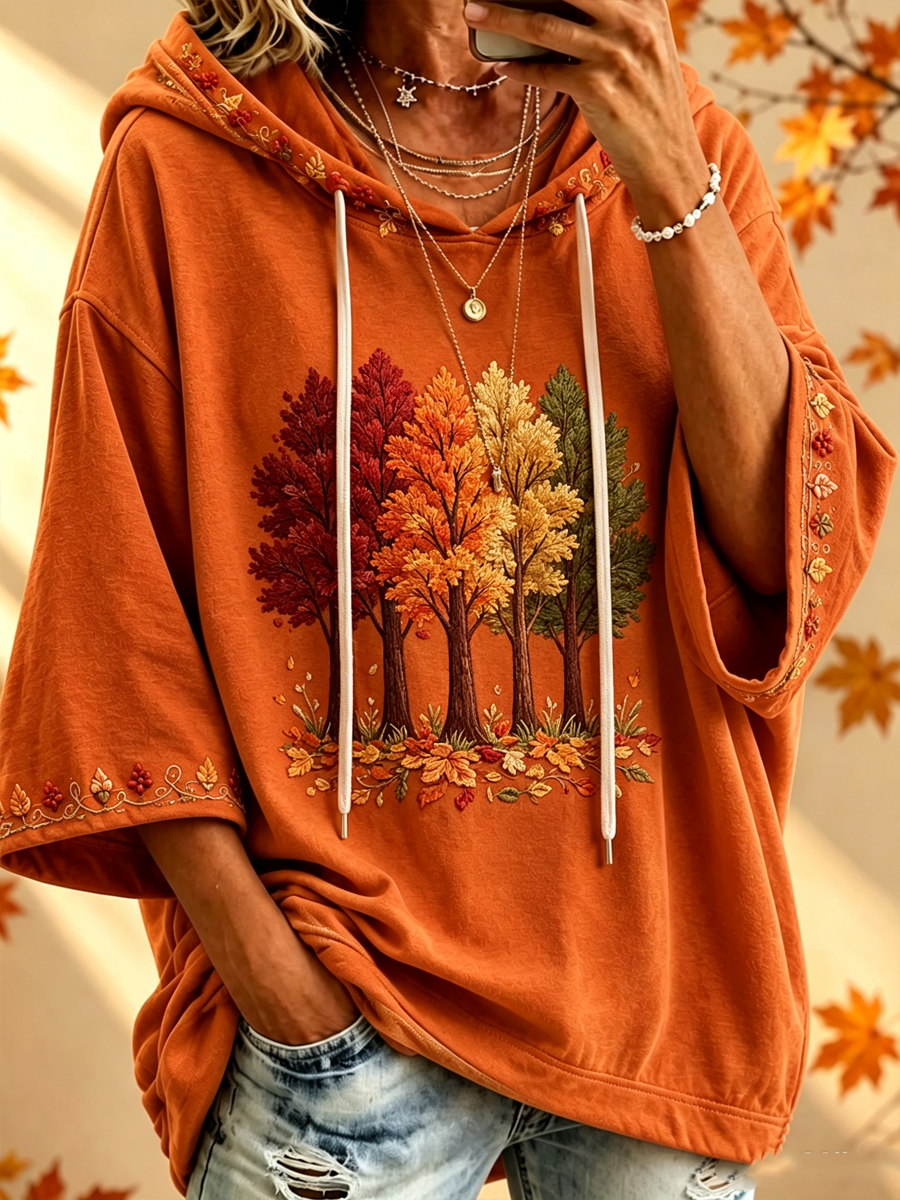 Herbst-Sweatshirt mit Herbstbaummotiv – Orange