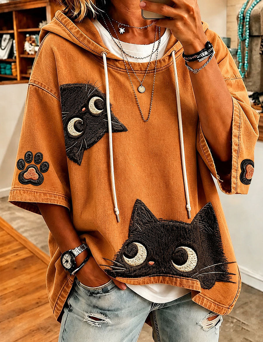 Herbst-Sweatshirt mit schwarzem Katzenmotiv – Wie abgebildet