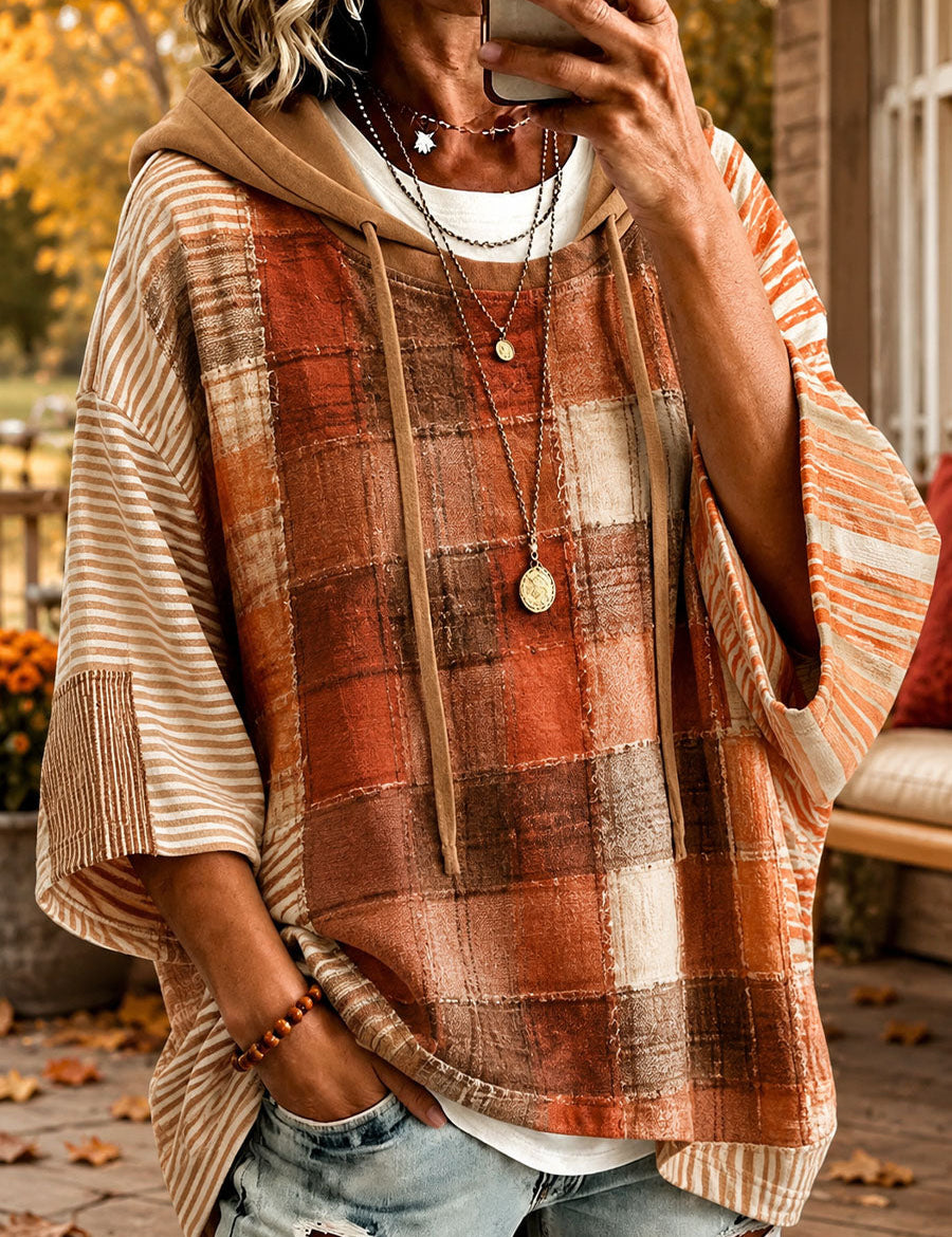 Herbst-Sweatshirt im orange-olivfarbenen Karomuster