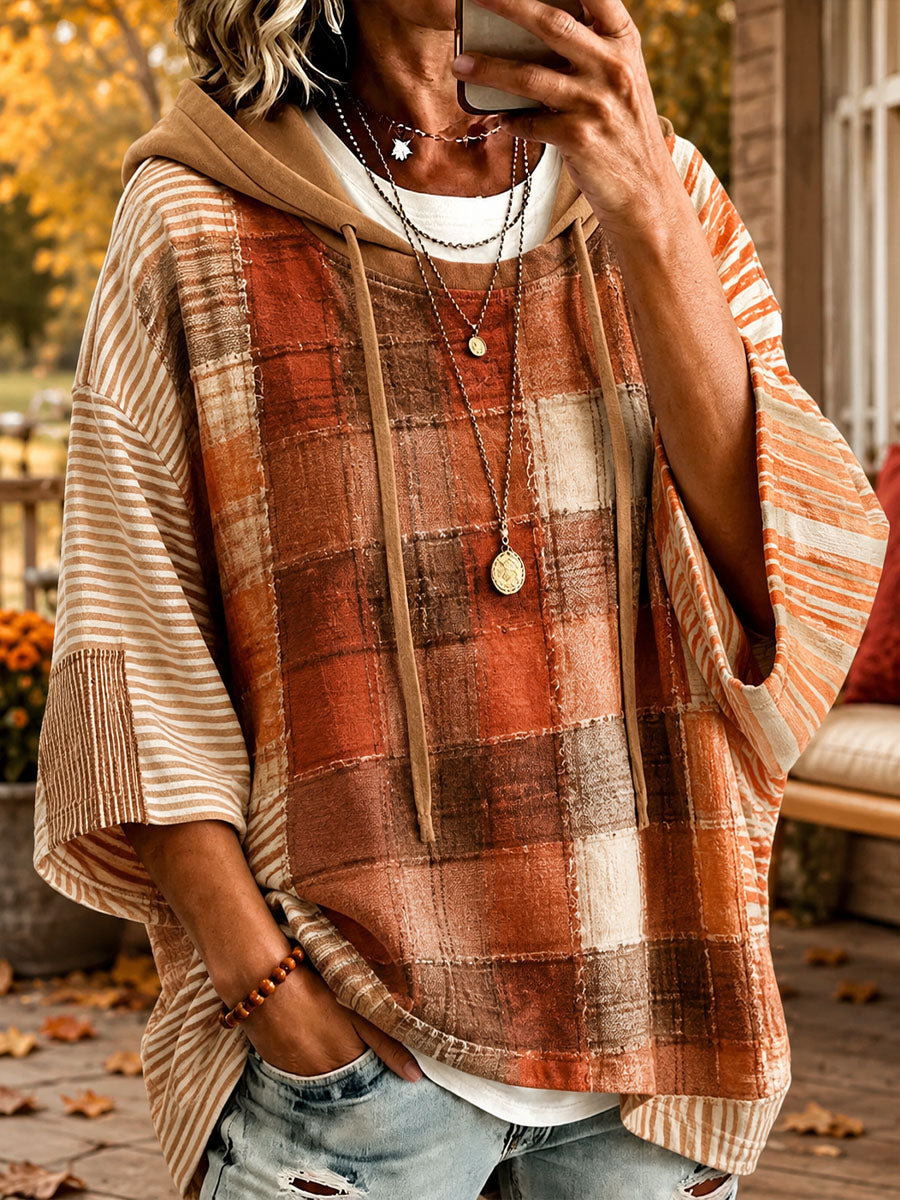Herbst-Sweatshirt im orange-olivfarbenen Karomuster