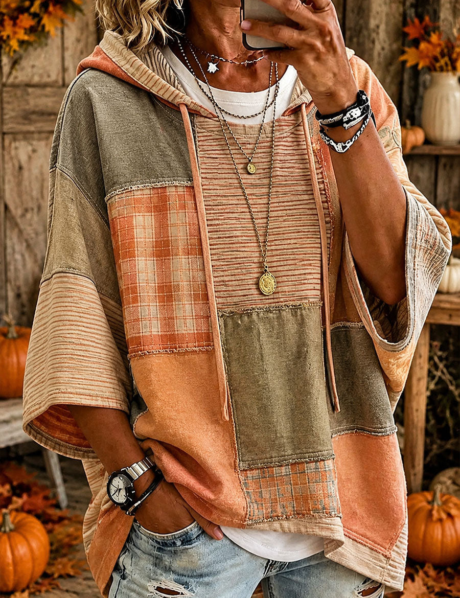 Herbst-Sweatshirt mit orangefarbenem Patchwork – Wie abgebildet
