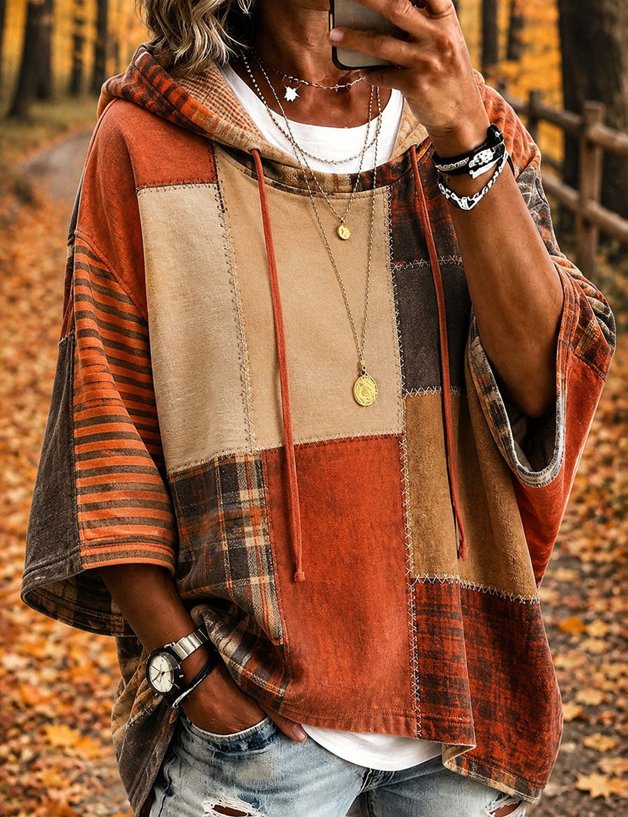 Herbst-Sweatshirt mit Streifen- und Karomuster – Wie abgebildet