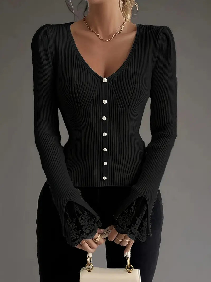 V-neck ribbed top mit Spitze sleeves – Bild 7