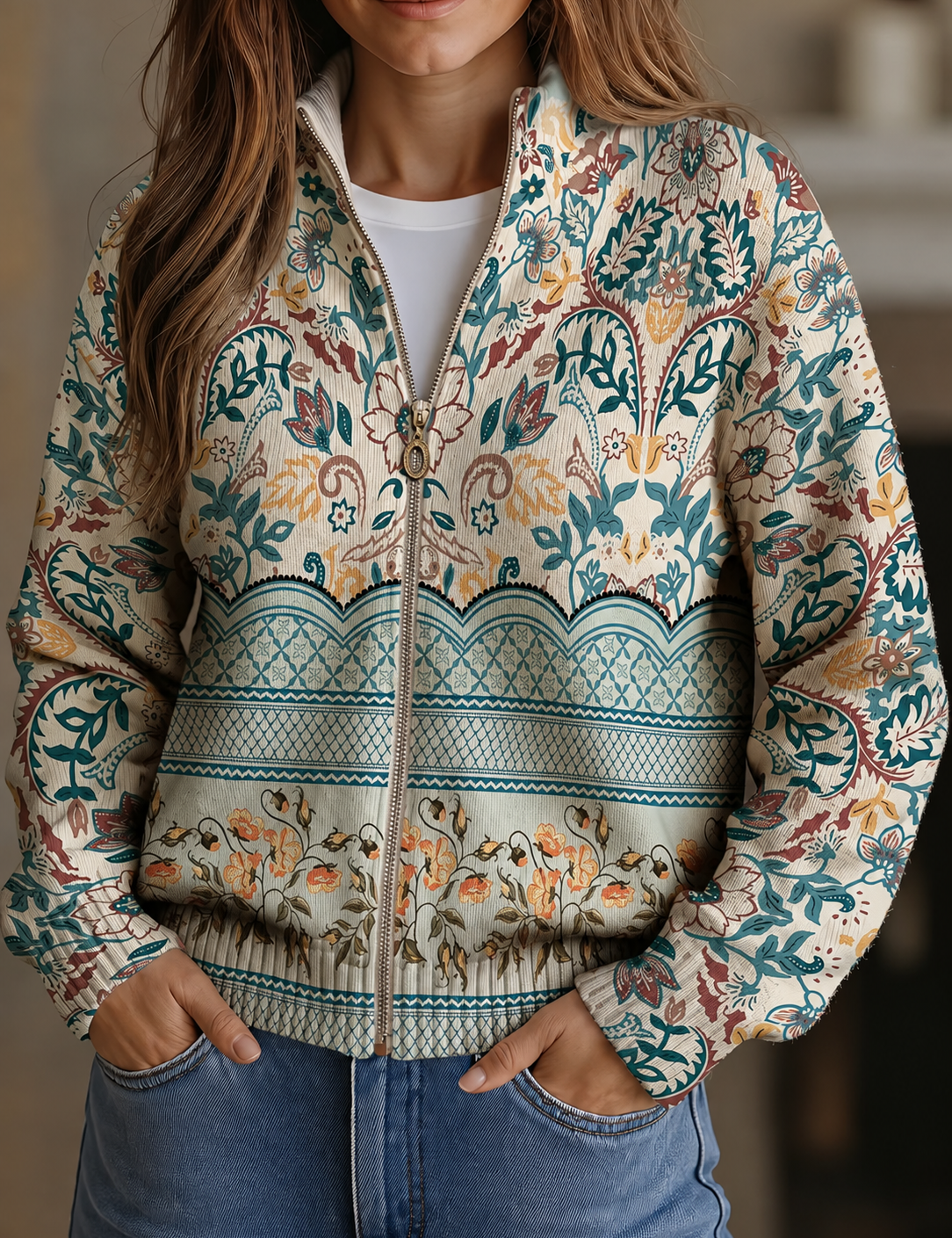 Sybilla | Damen lang-sleeve Cardigan mit floral pattern und stand-up collar – Bild 1