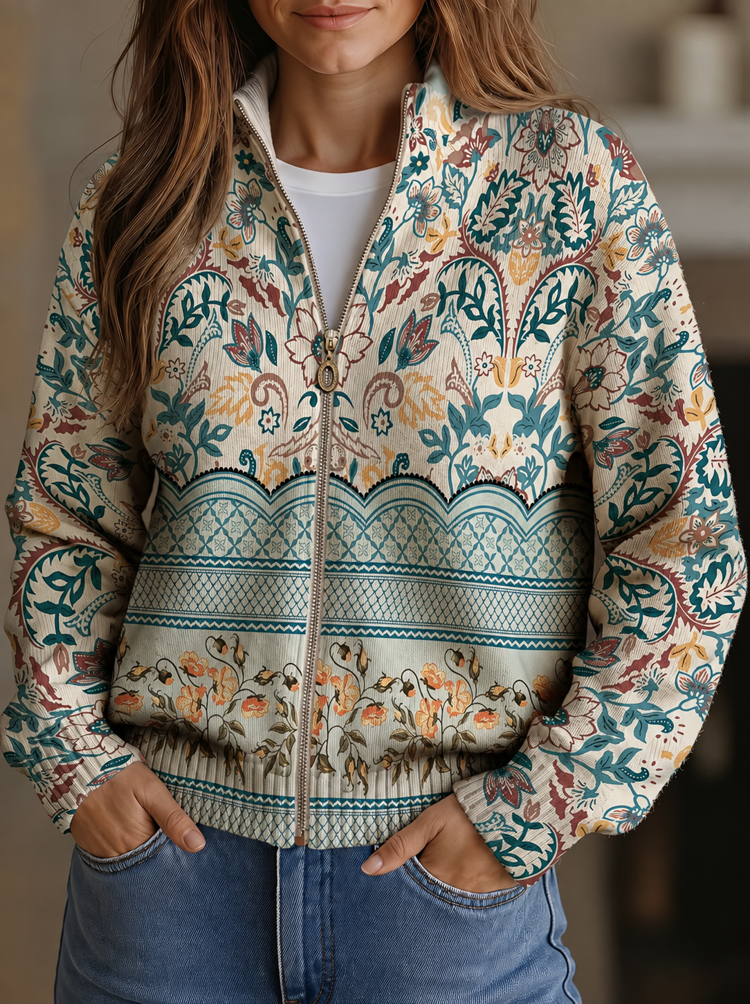Sybilla | Damen lang-sleeve Cardigan mit floral pattern und stand-up collar – Bild 1