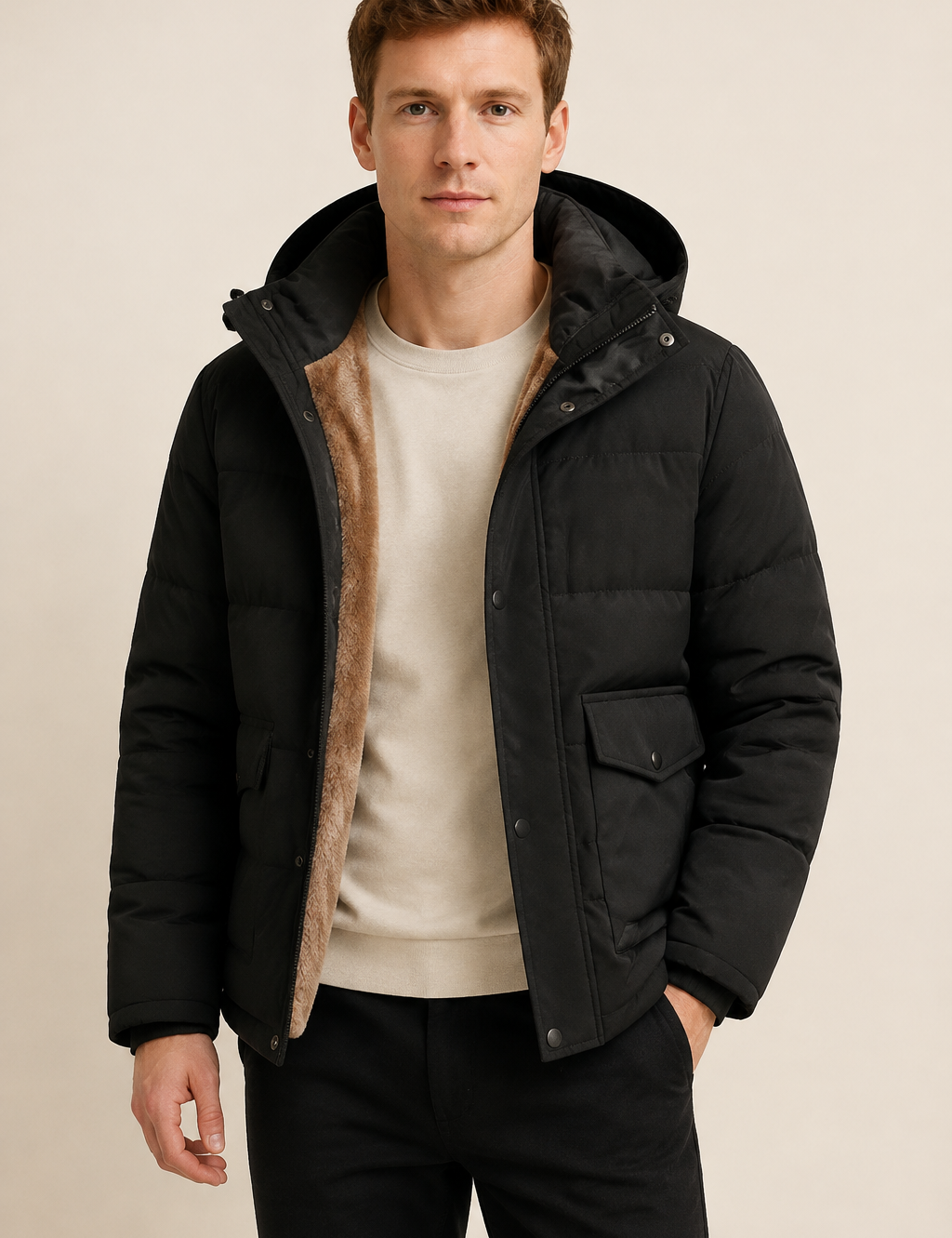 Schwarze Steppjacke mit Kapuze und Fleecefutter an Mann auf warmem beigem Hintergrund