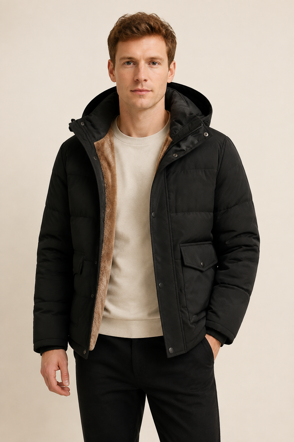 Schwarze Steppjacke mit Kapuze und Fleecefutter an Mann auf warmem beigem Hintergrund