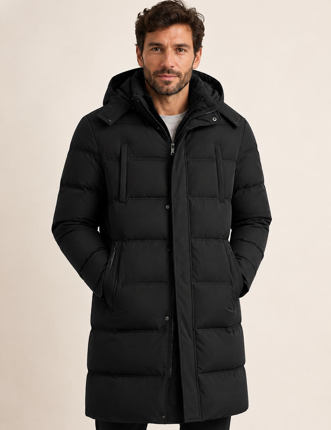 Schwarze Longline-Pufferjacke an Mann auf warmem beigem Hintergrund