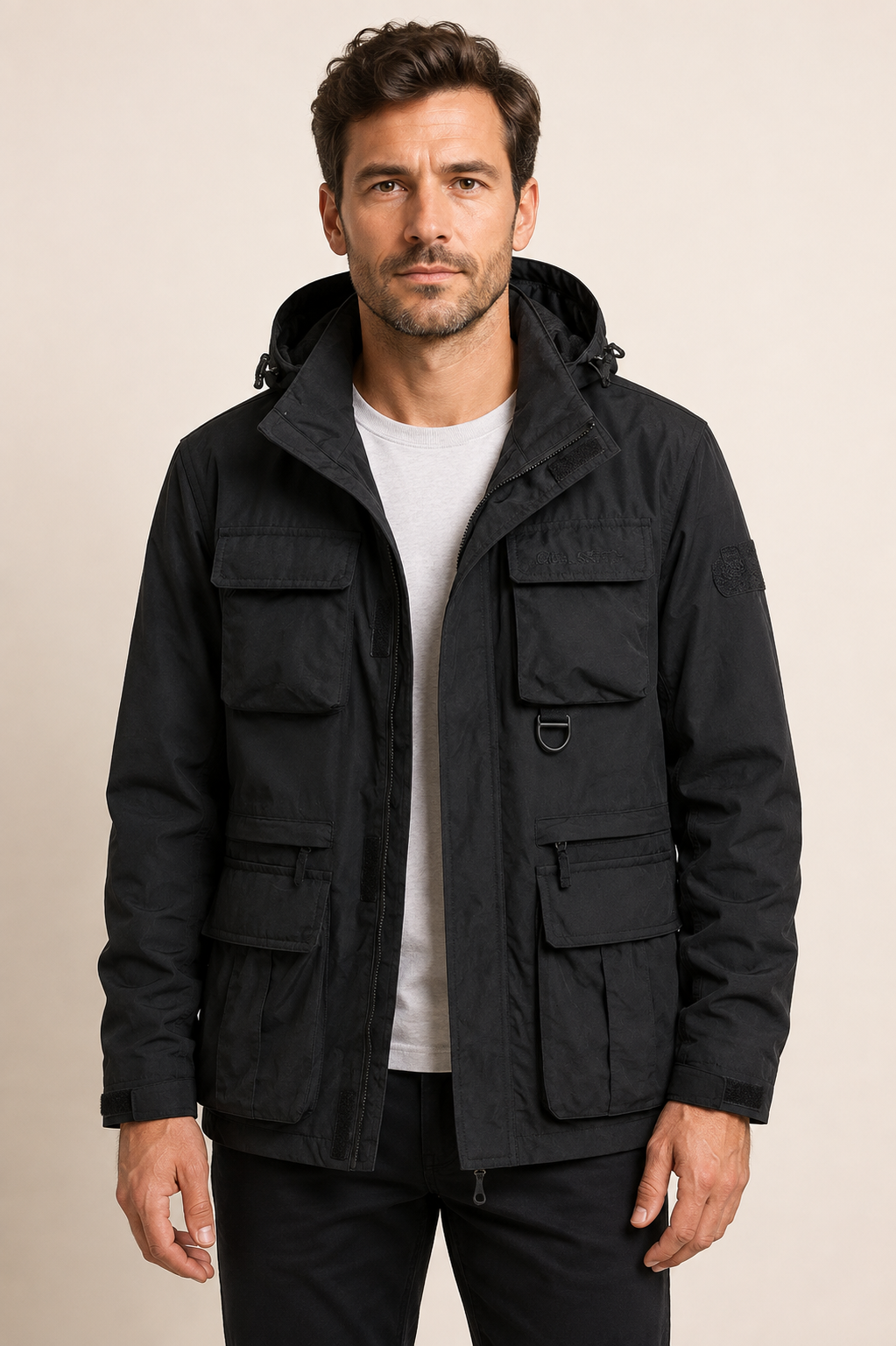 Schwarze Multifunktions-Fieldjacke an Mann auf warmem beigem Hintergrund