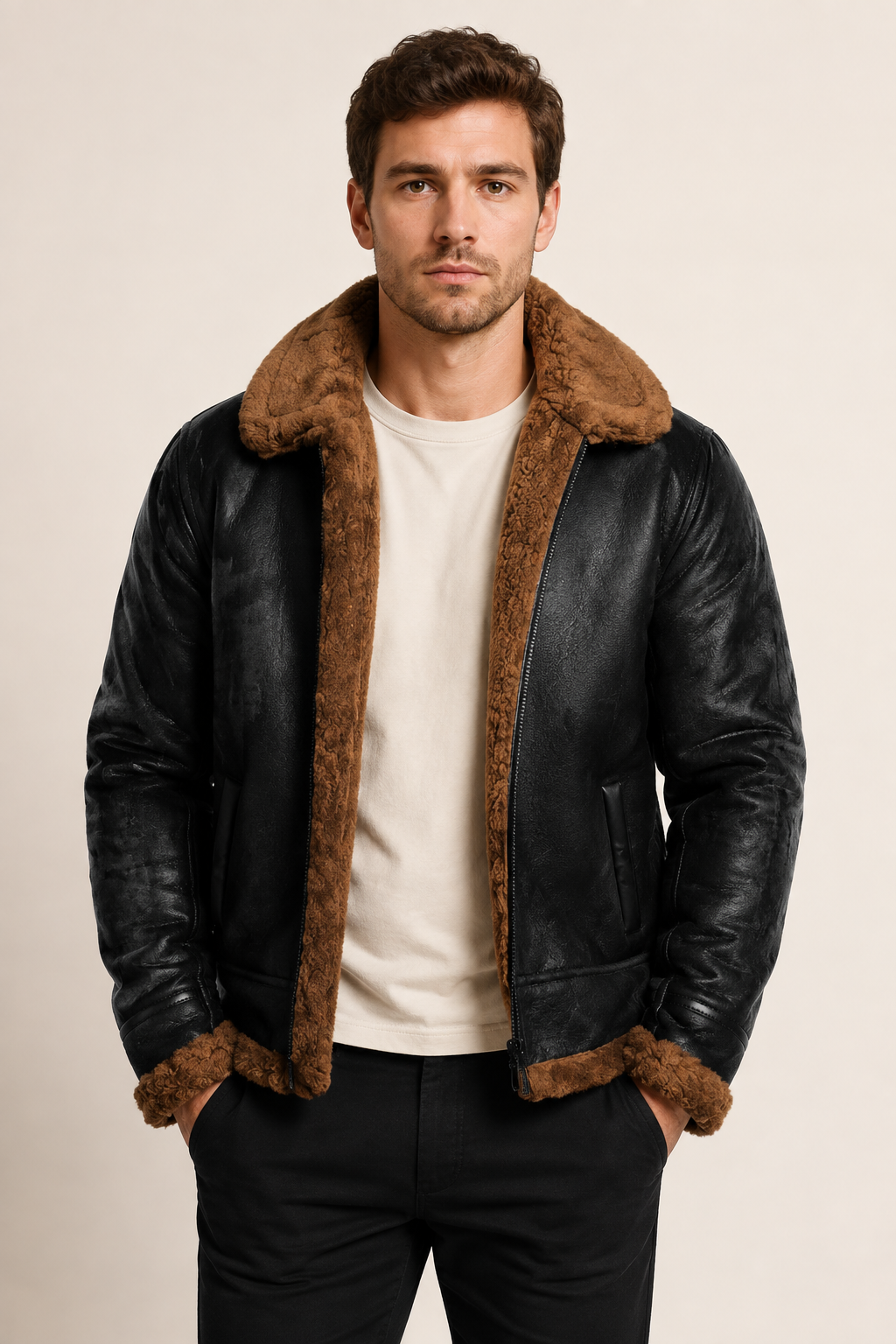 Schwarze Leder-Aviatorjacke mit Teddyfutter an Mann auf beigem Hintergrund