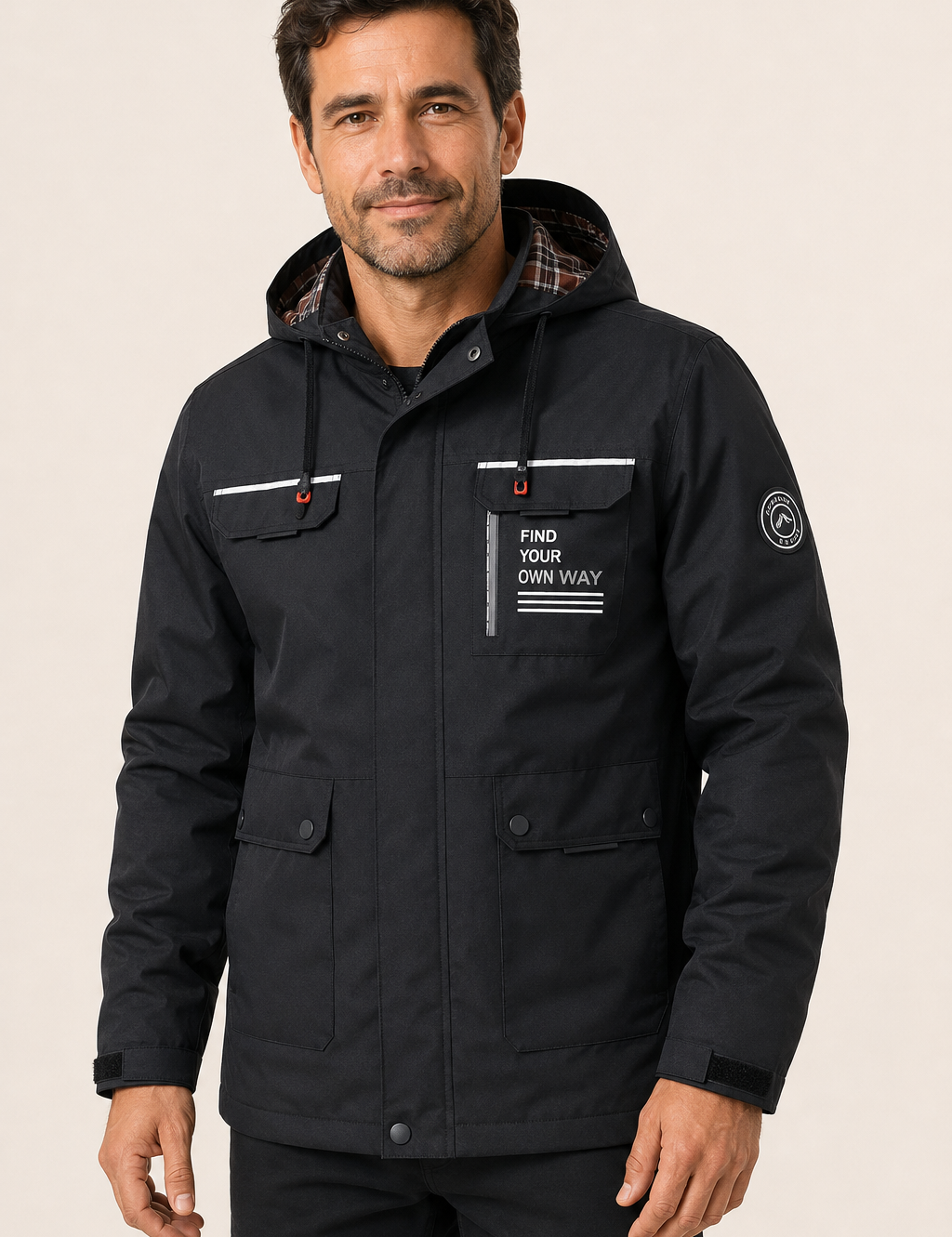 Schwarze wasserabweisende Herren-Outdoorjacke an Mann auf warmem beigem Hintergrund