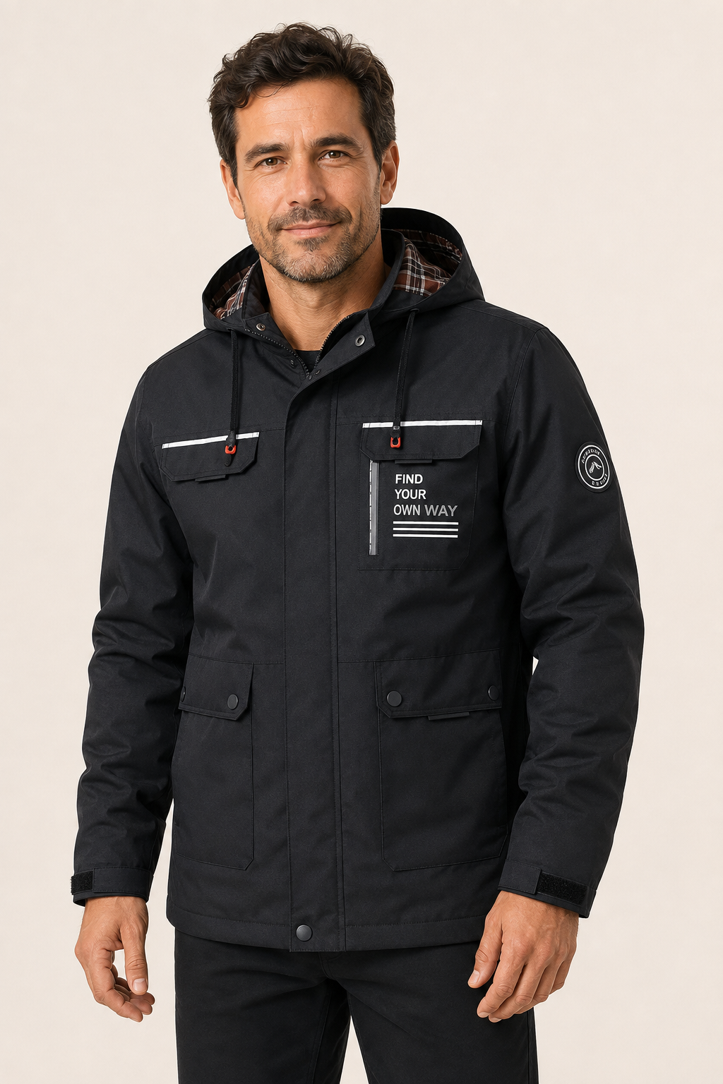 Schwarze wasserabweisende Herren-Outdoorjacke an Mann auf warmem beigem Hintergrund