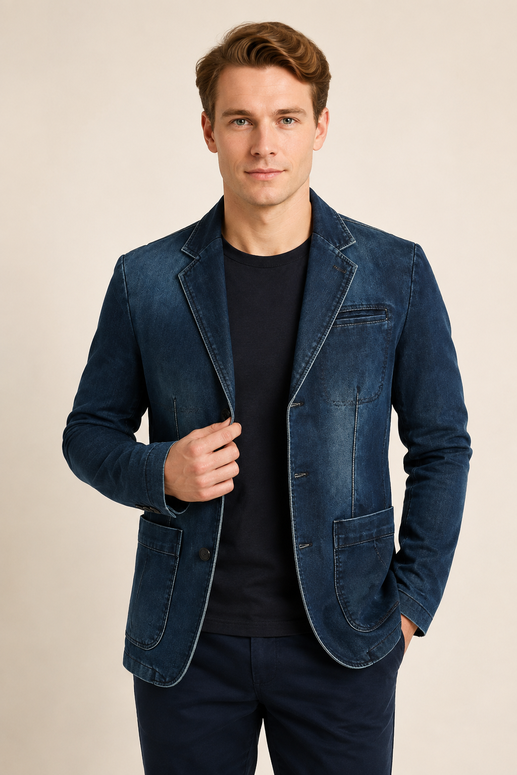 Blauer Jeansblazer an Mann auf beigem Hintergrund