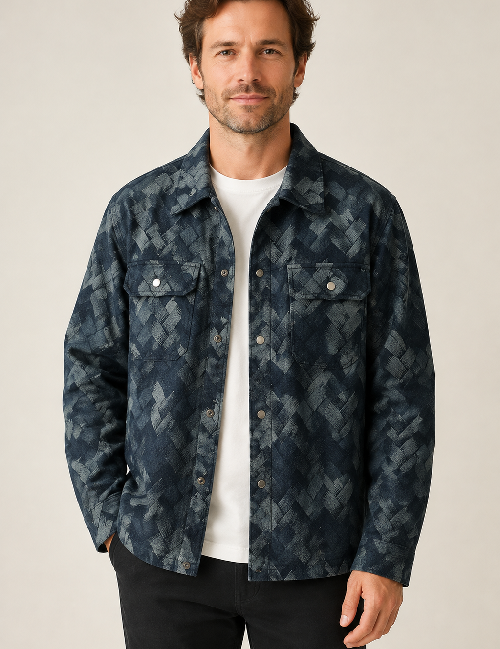 Blau gemusterte Overshirt-Jacke an Mann auf warmem beigem Hintergrund