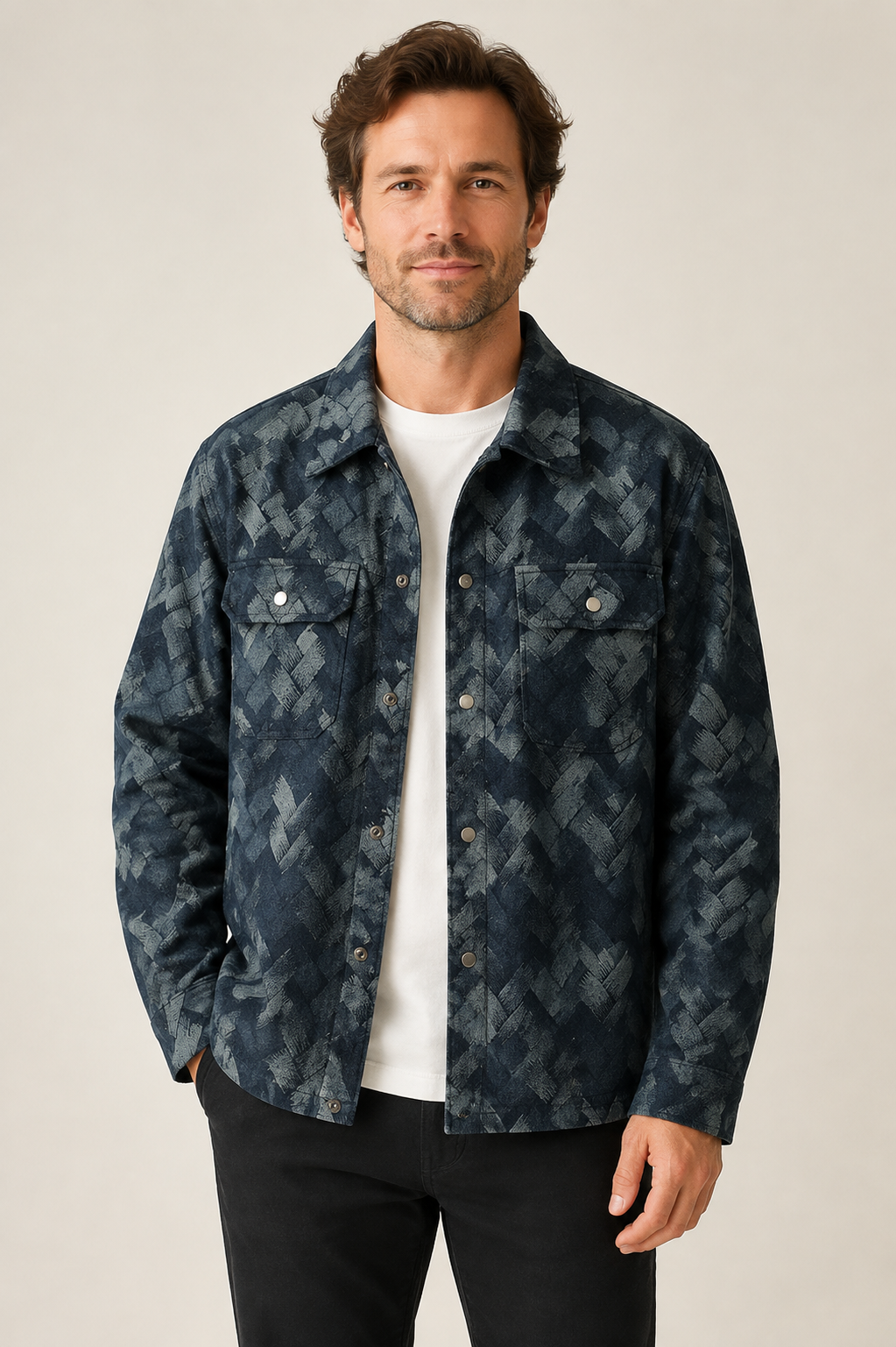 Blau gemusterte Overshirt-Jacke an Mann auf warmem beigem Hintergrund