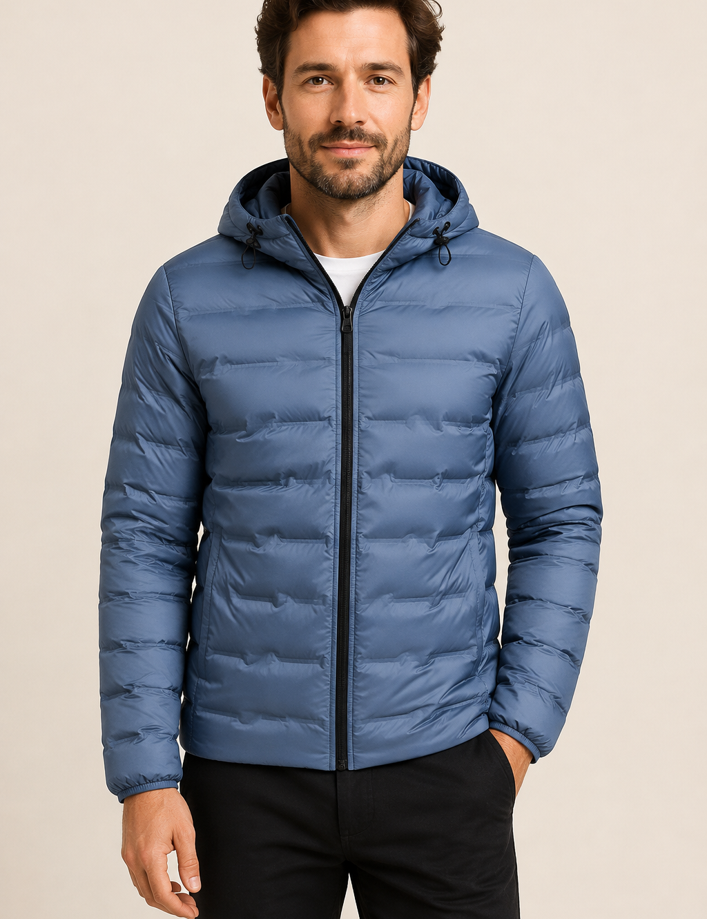 Blaue ultraleichte Steppjacke mit Kapuze an Mann auf warmem beigem Hintergrund