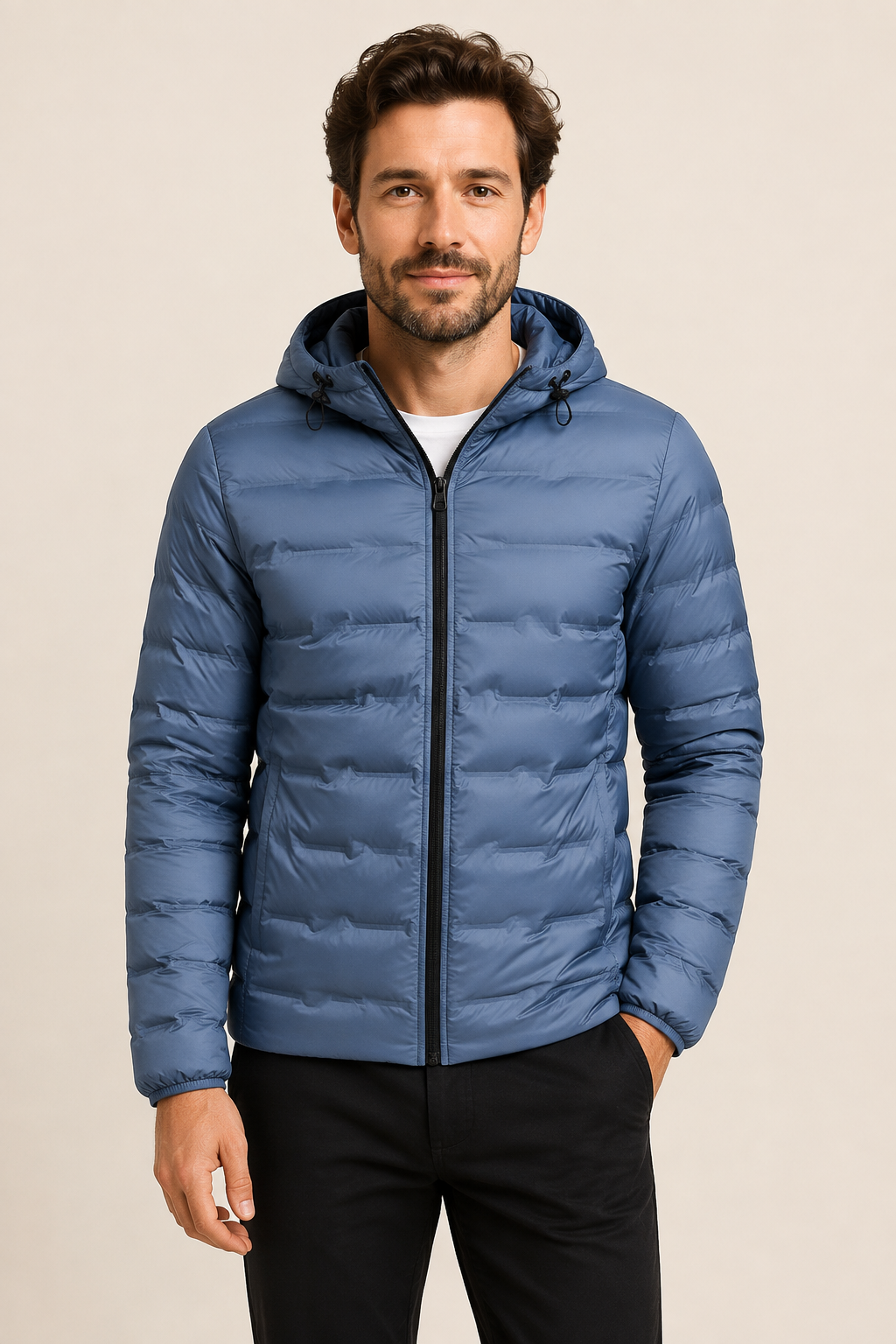 Blaue ultraleichte Steppjacke mit Kapuze an Mann auf warmem beigem Hintergrund