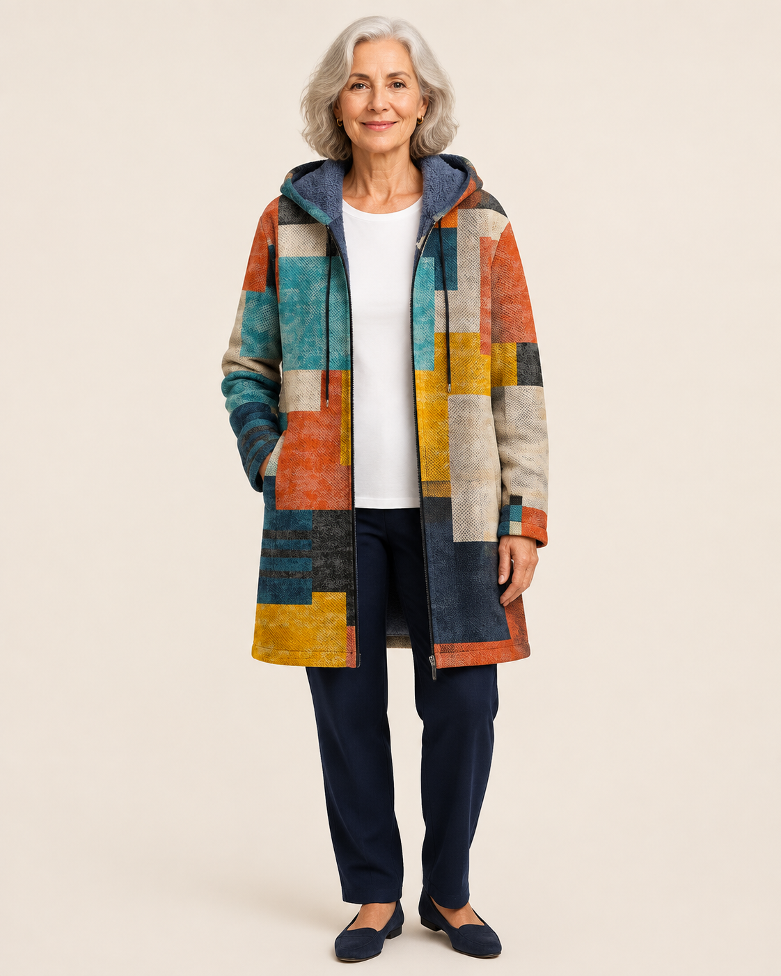 Bronte | Luxurious Cardigan mit künstlerisch Inspiration – warmbeiger Studiohintergrund