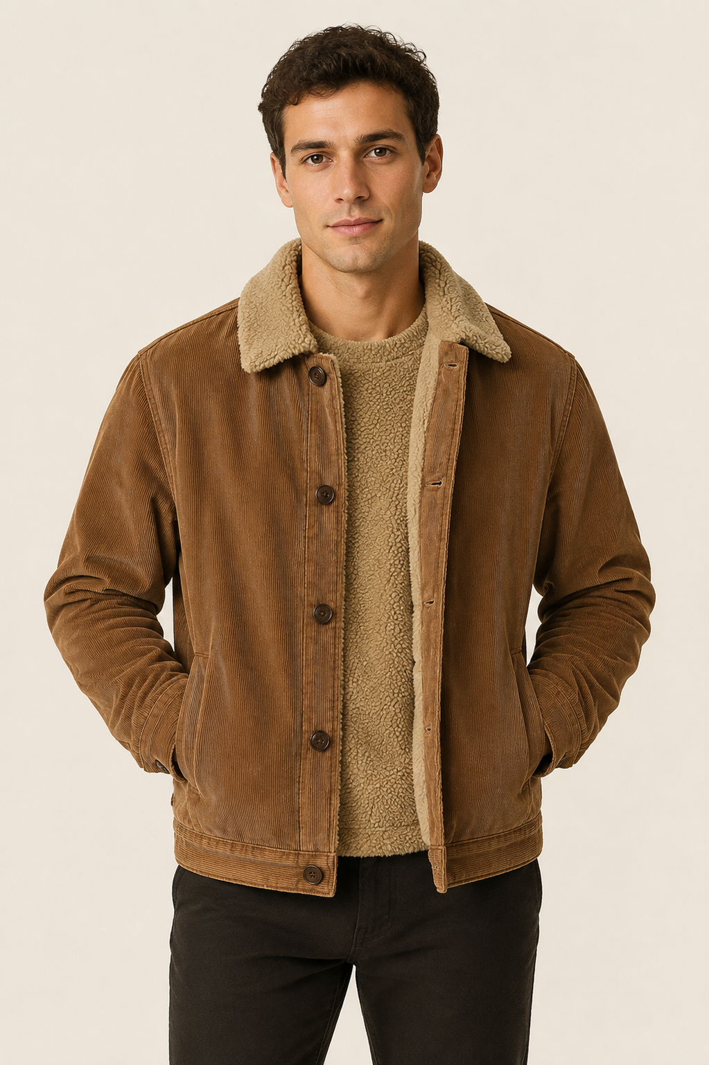 Braune Cordjacke mit Teddykragen an Mann auf beigem Hintergrund