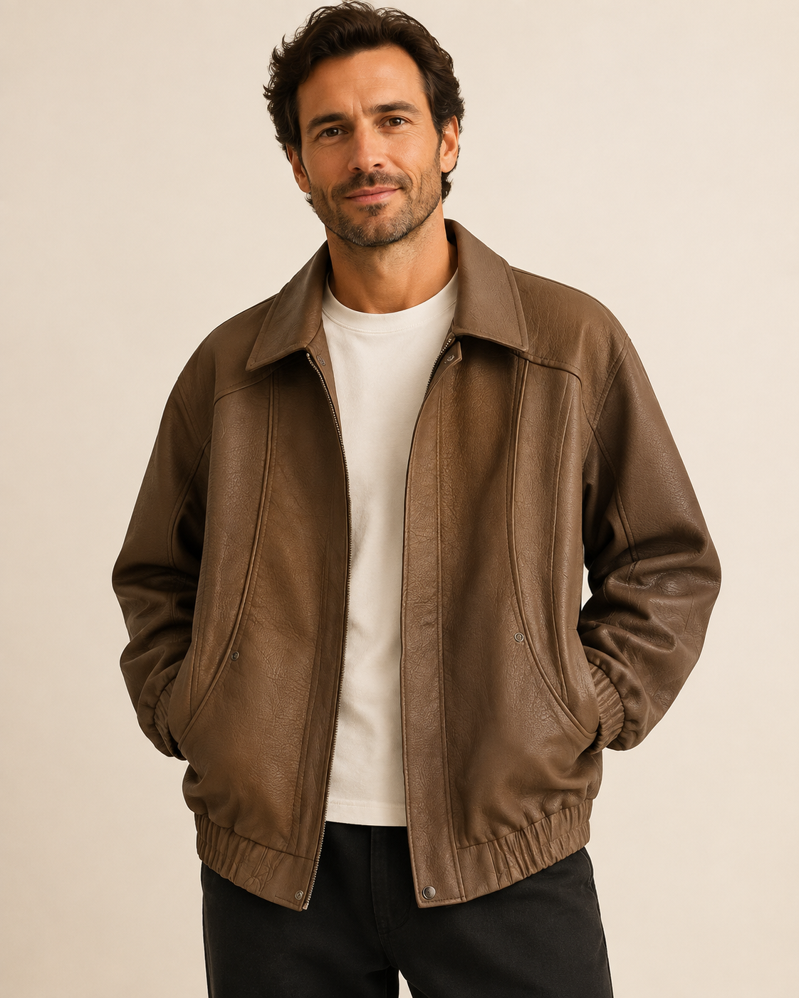 Braune Oversized-Fieldjacke in Lederoptik an Mann auf warmem beigem Hintergrund