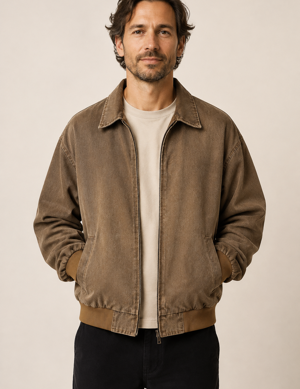 Braune Oversized-Bomberjacke an Mann auf warmem beigem Hintergrund
