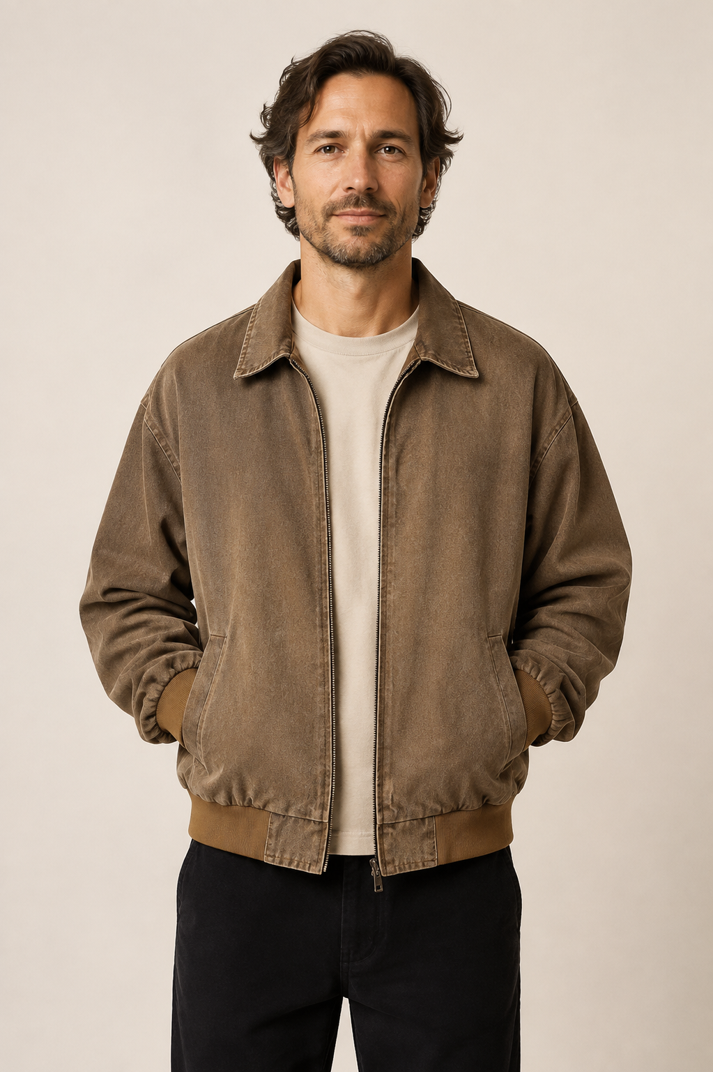 Braune Oversized-Bomberjacke an Mann auf warmem beigem Hintergrund