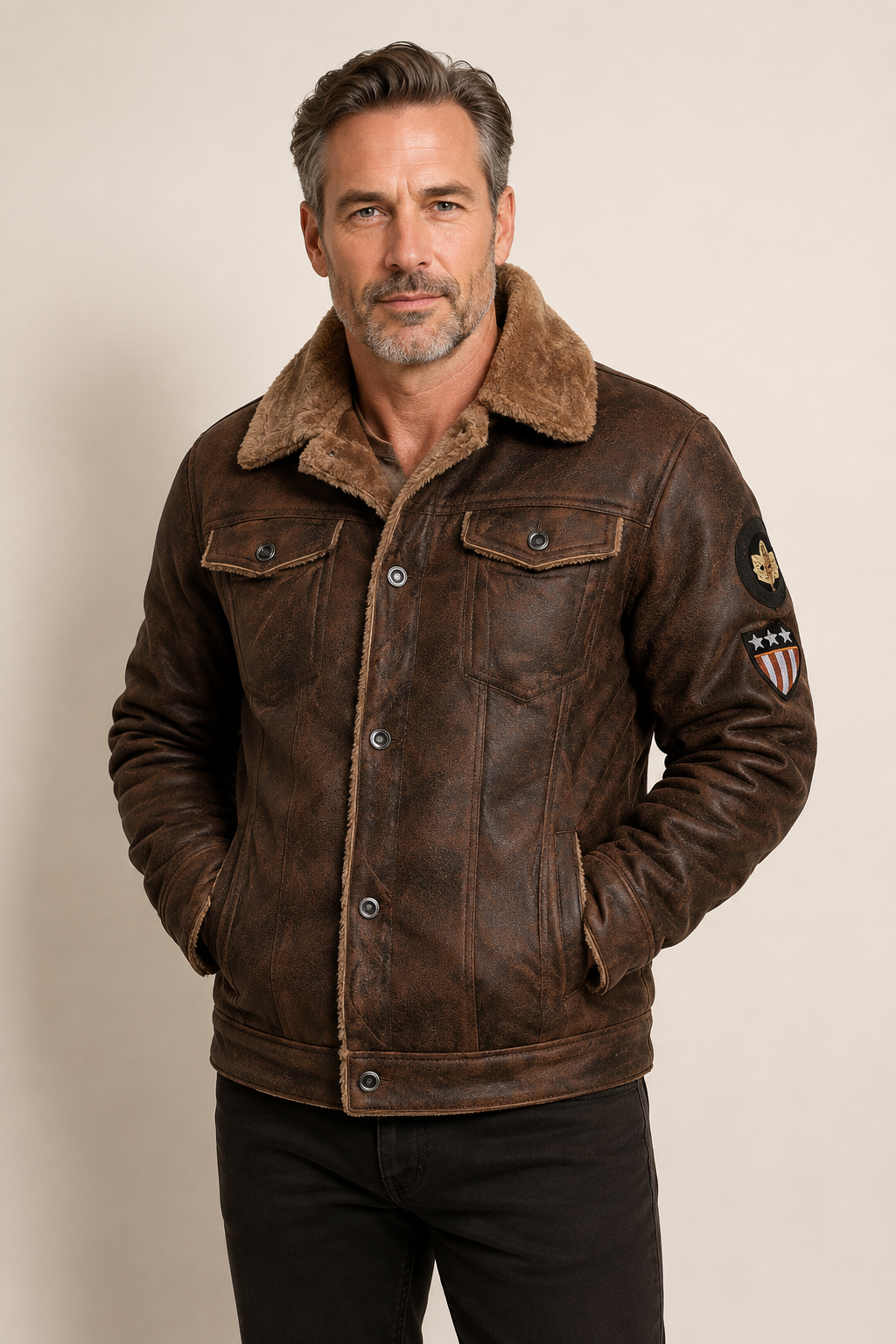 Braune Herrenjacke mit Teddyfutter an Mann auf beigem Hintergrund