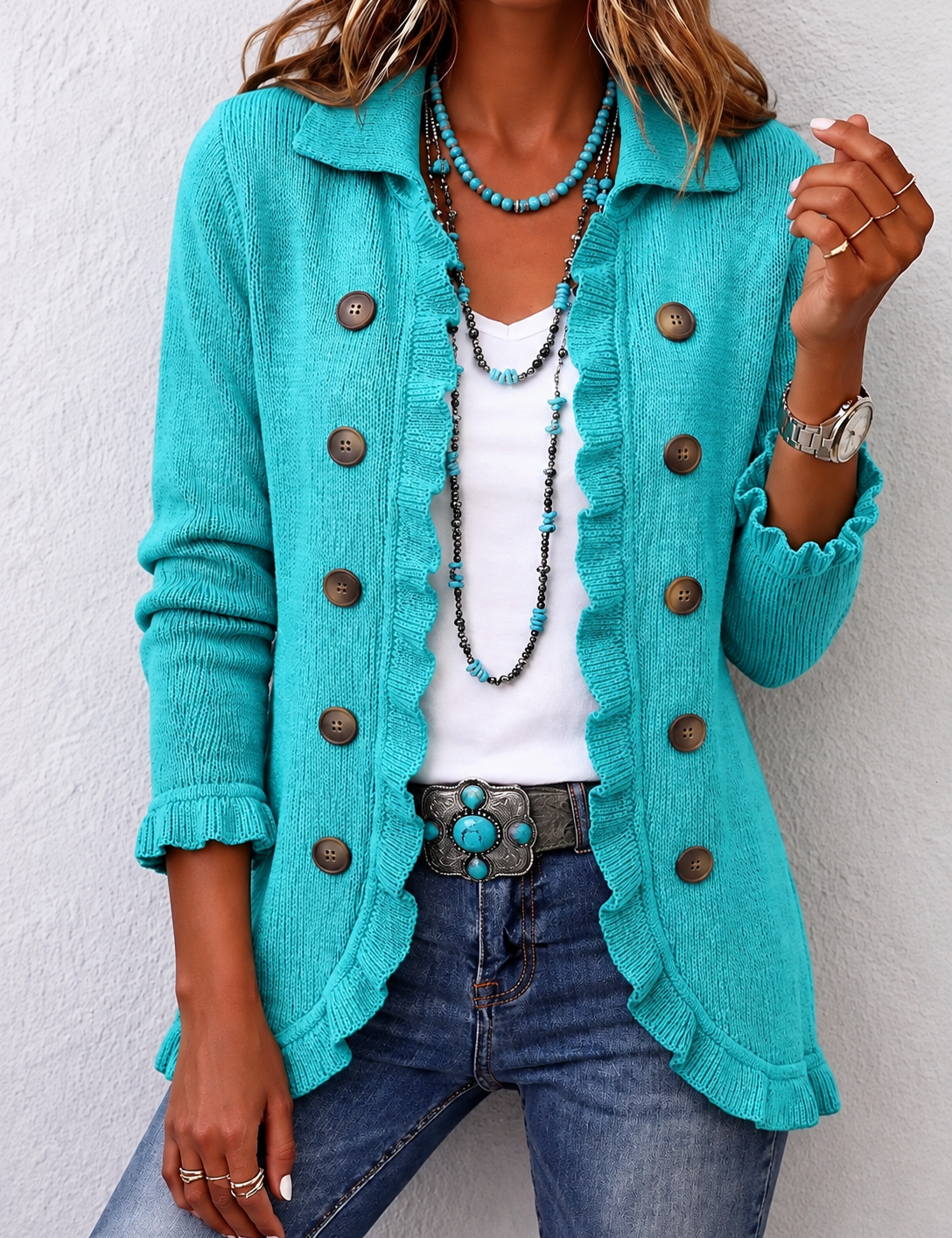 Rippstrickjacke mit Rüschenbesatz in Türkis