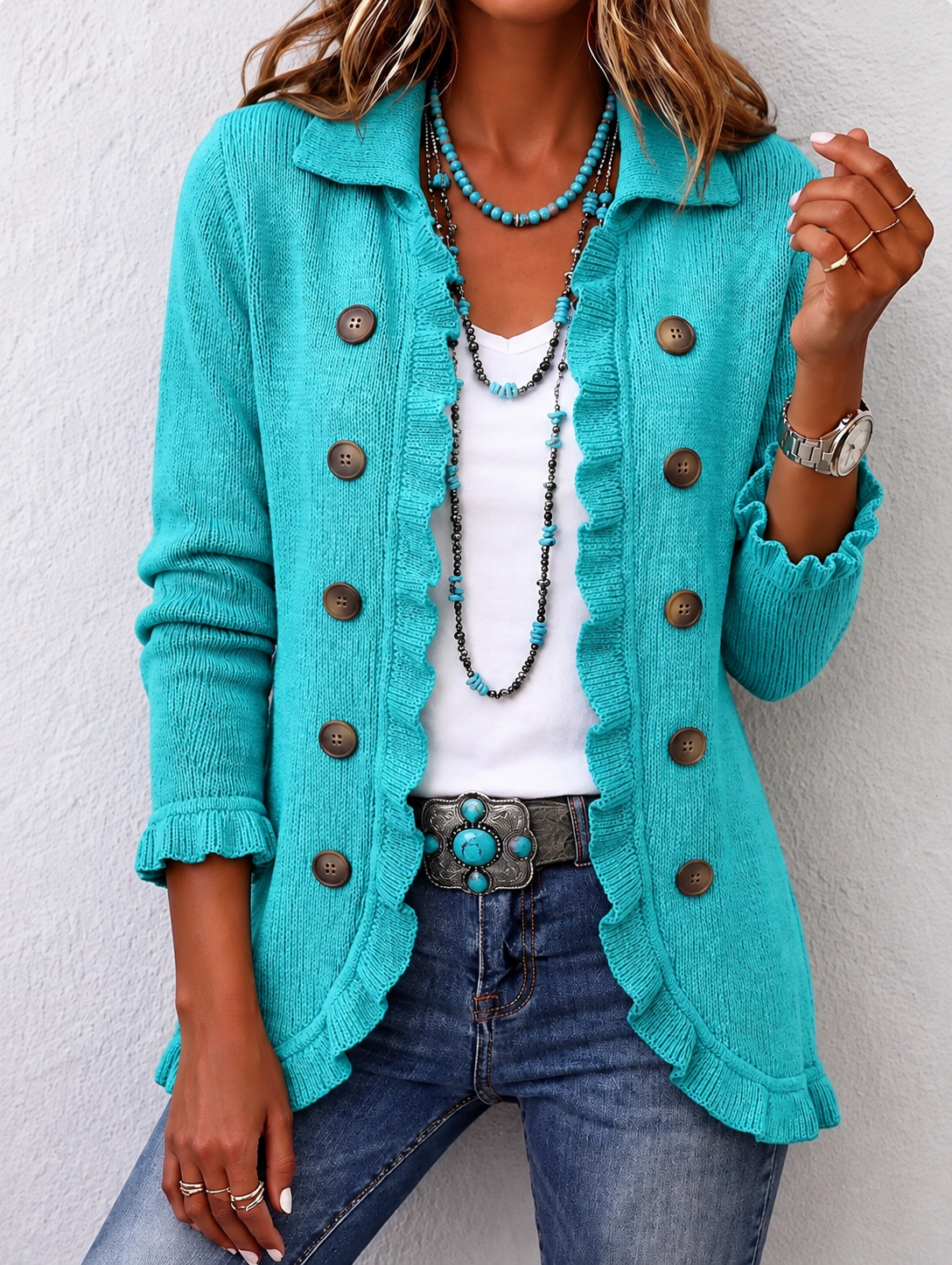 Rippstrickjacke mit Rüschenbesatz in Türkis