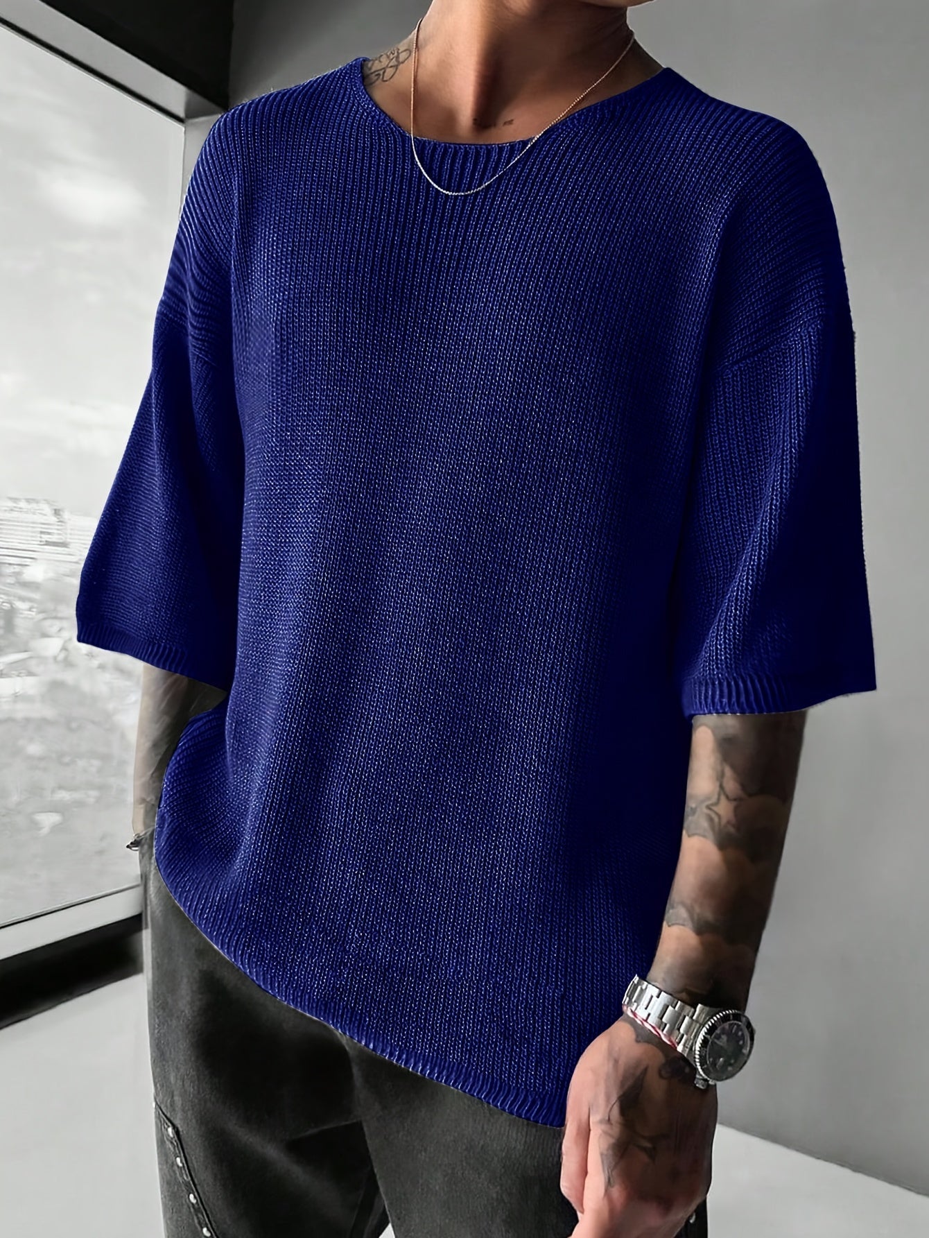 Caden - pulover tricotat cu mânecă scurtă, Albastru