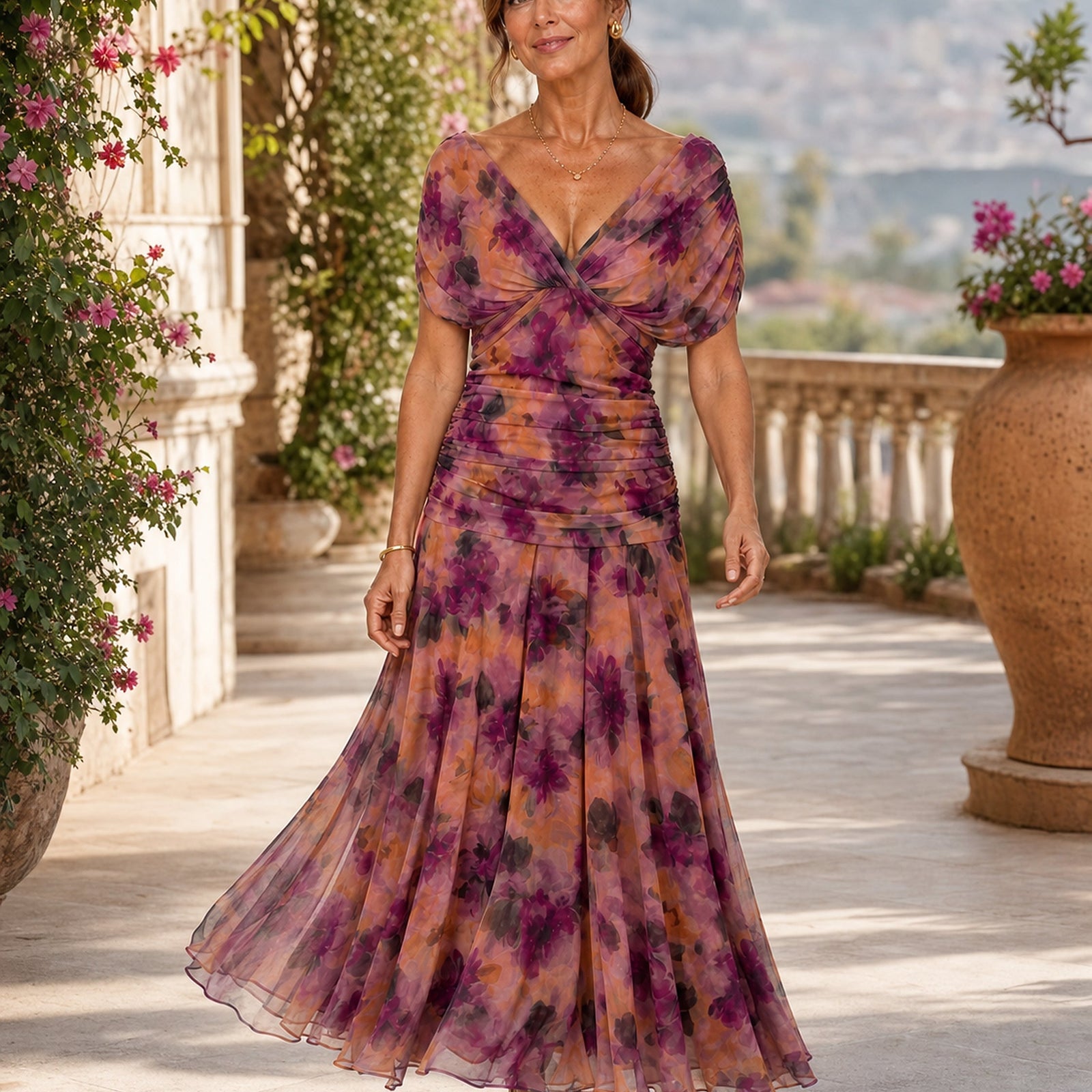Rochie Calen violet, purtată în exterior