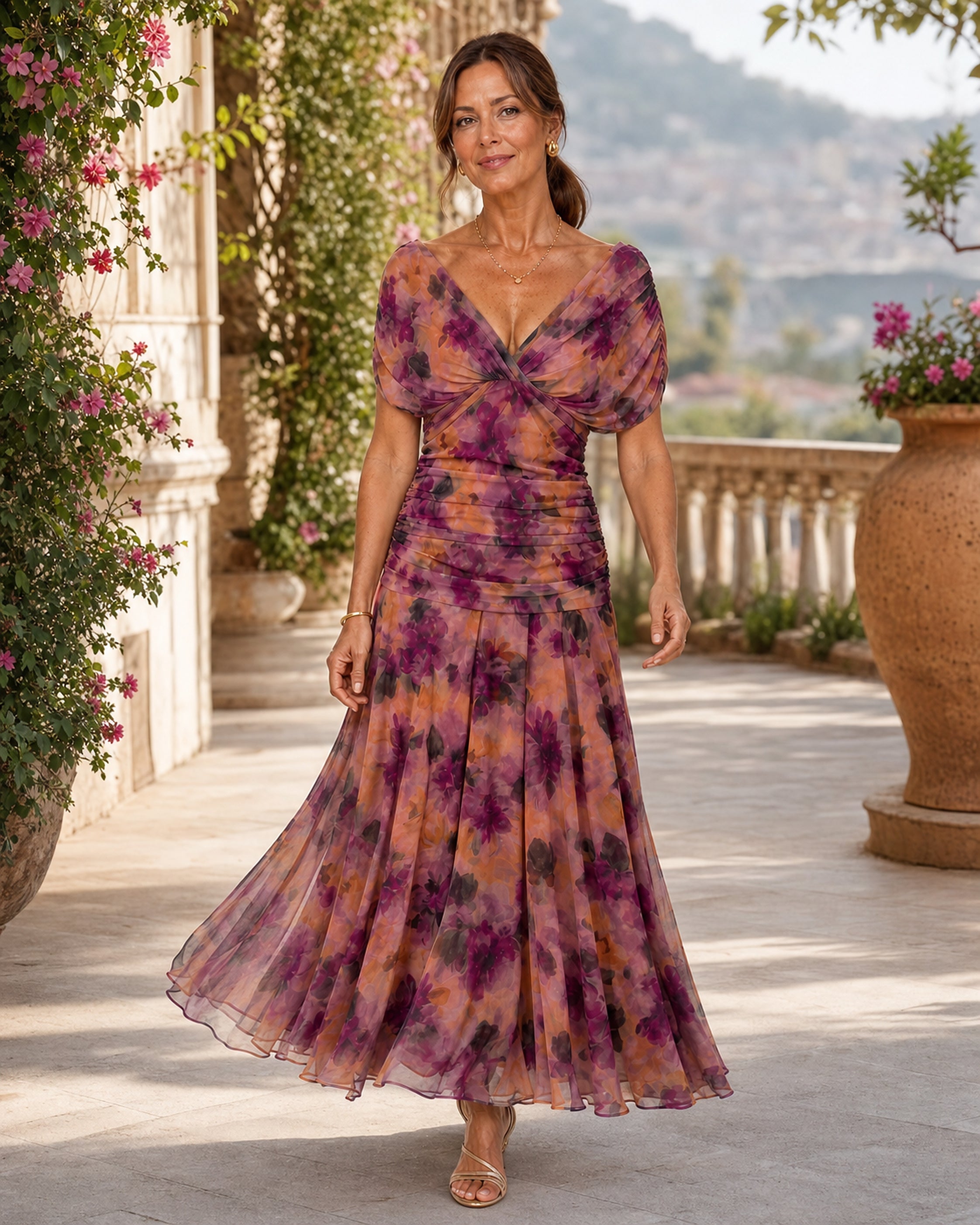Rochie Calen violet, purtată în exterior
