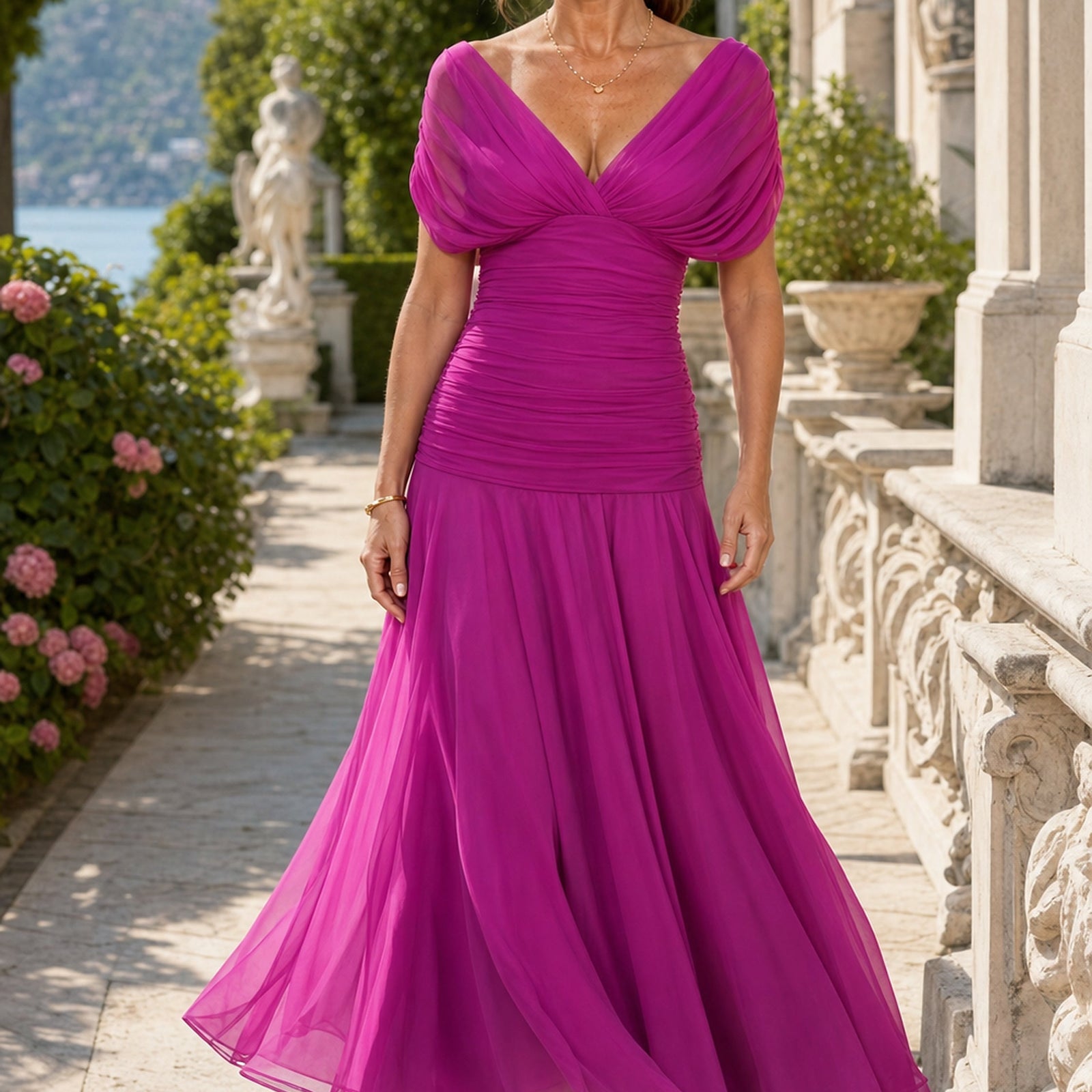 Rochie Calen roz, purtată în exterior