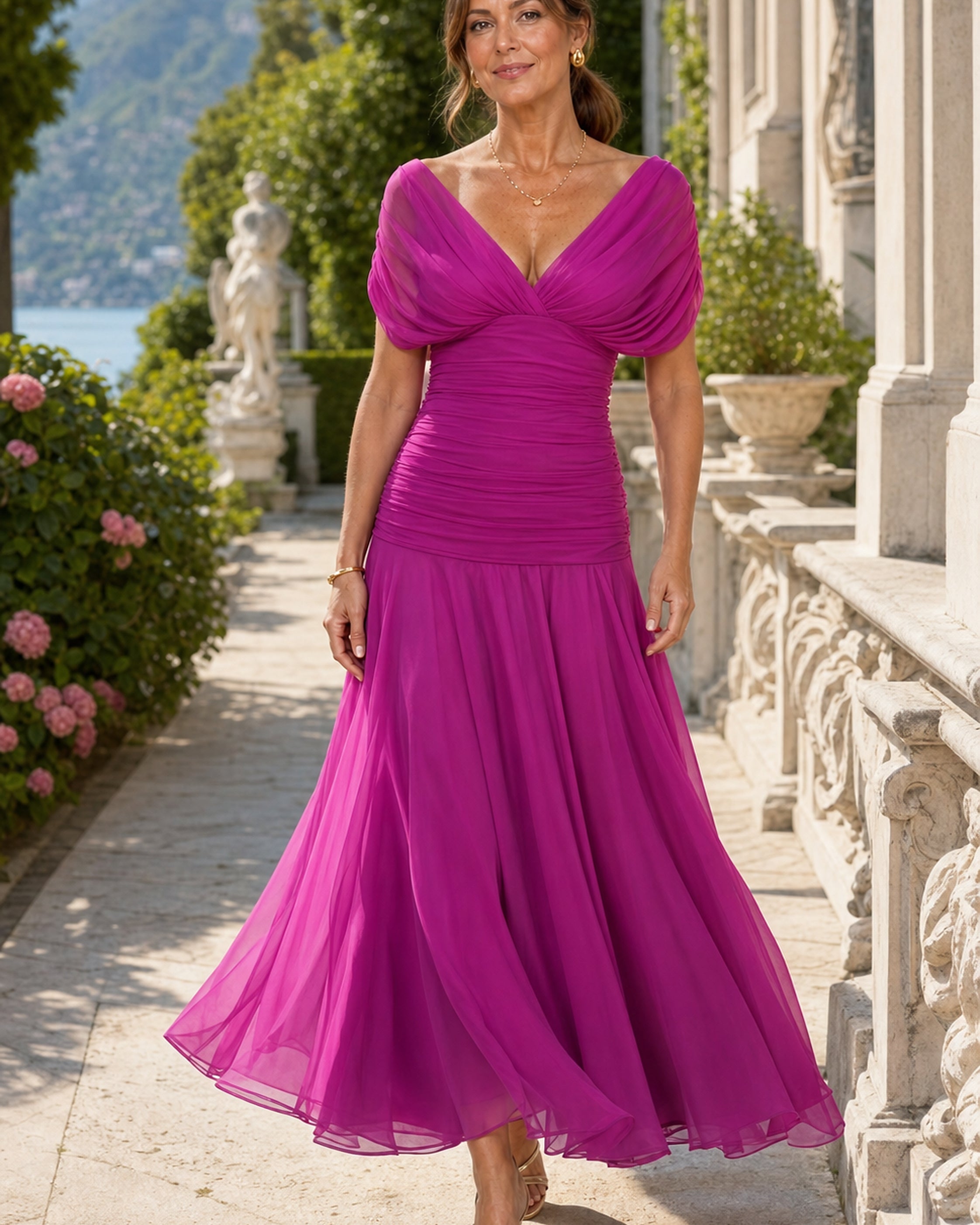 Rochie Calen roz, purtată în exterior