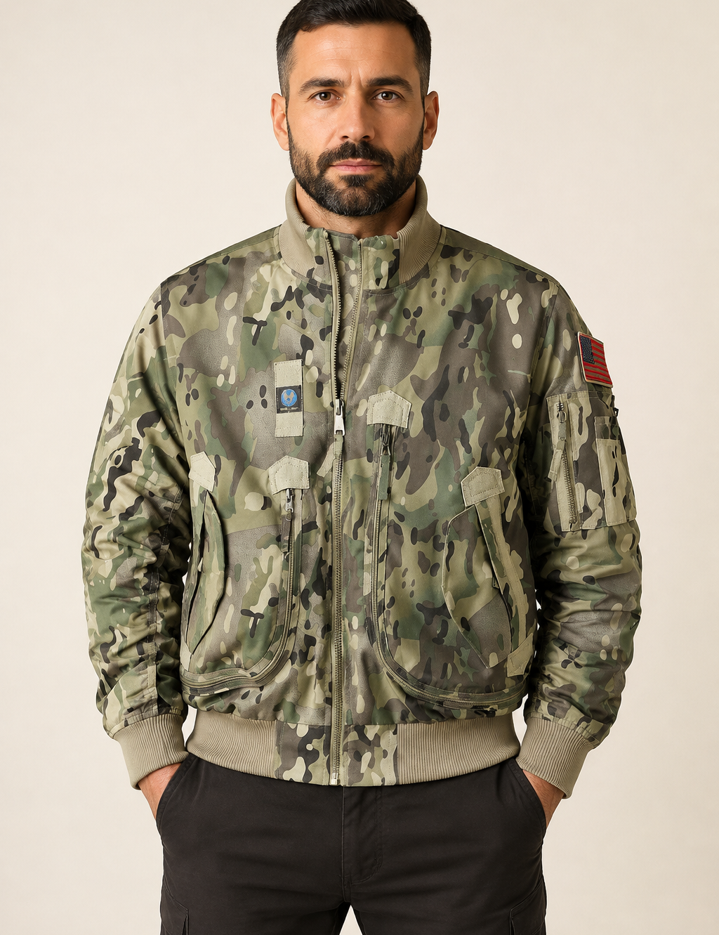 Camouflage-Pilotenbomber an Mann auf beigem Hintergrund