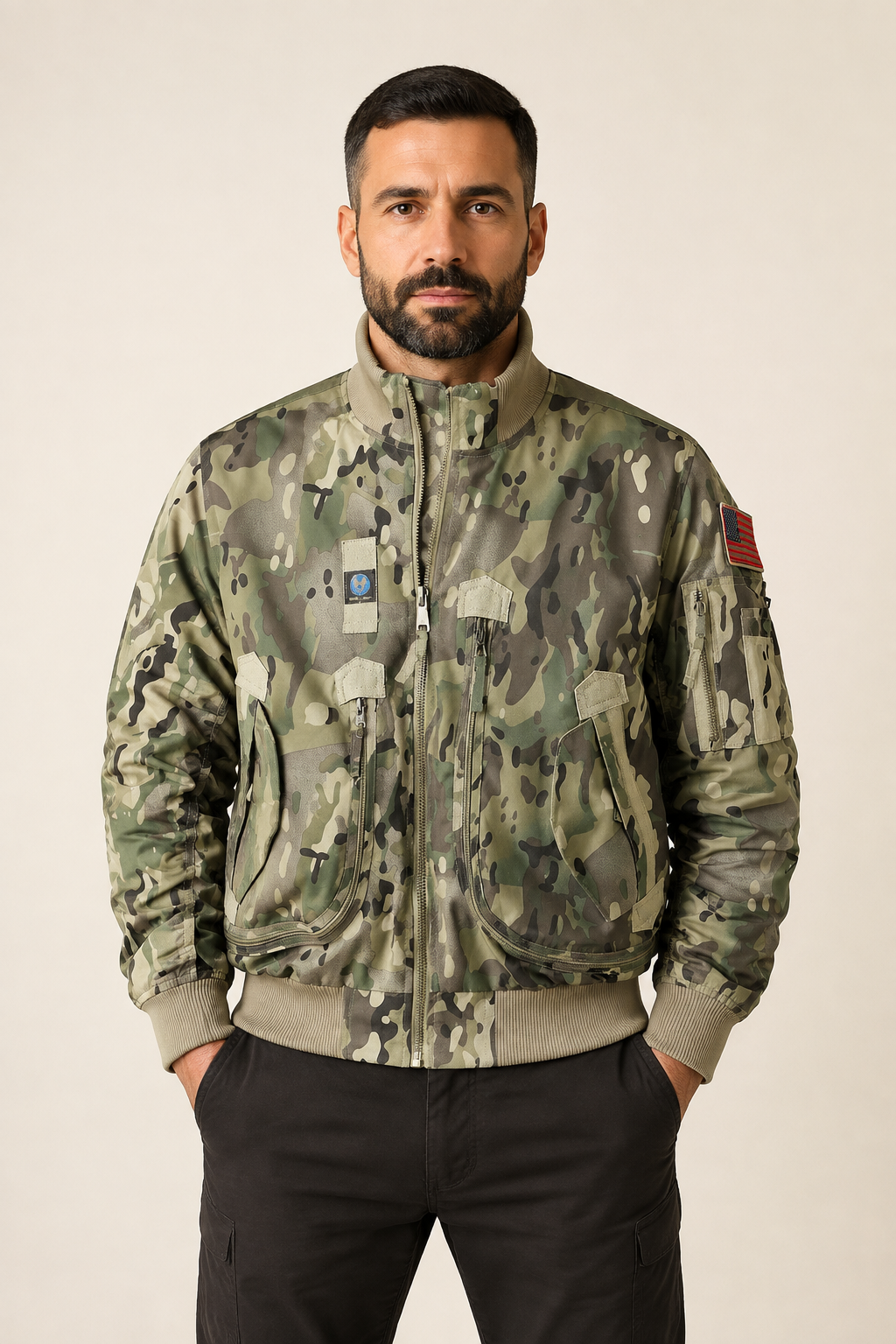 Camouflage-Pilotenbomber an Mann auf beigem Hintergrund