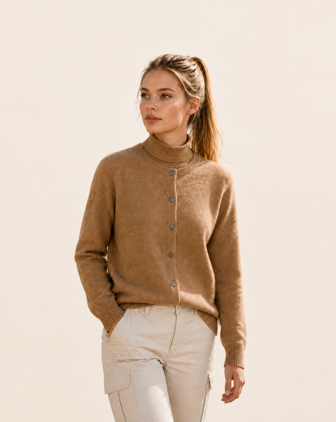Brauner Cardigan mit weichen Knöpfen auf warmem beigem Hintergrund