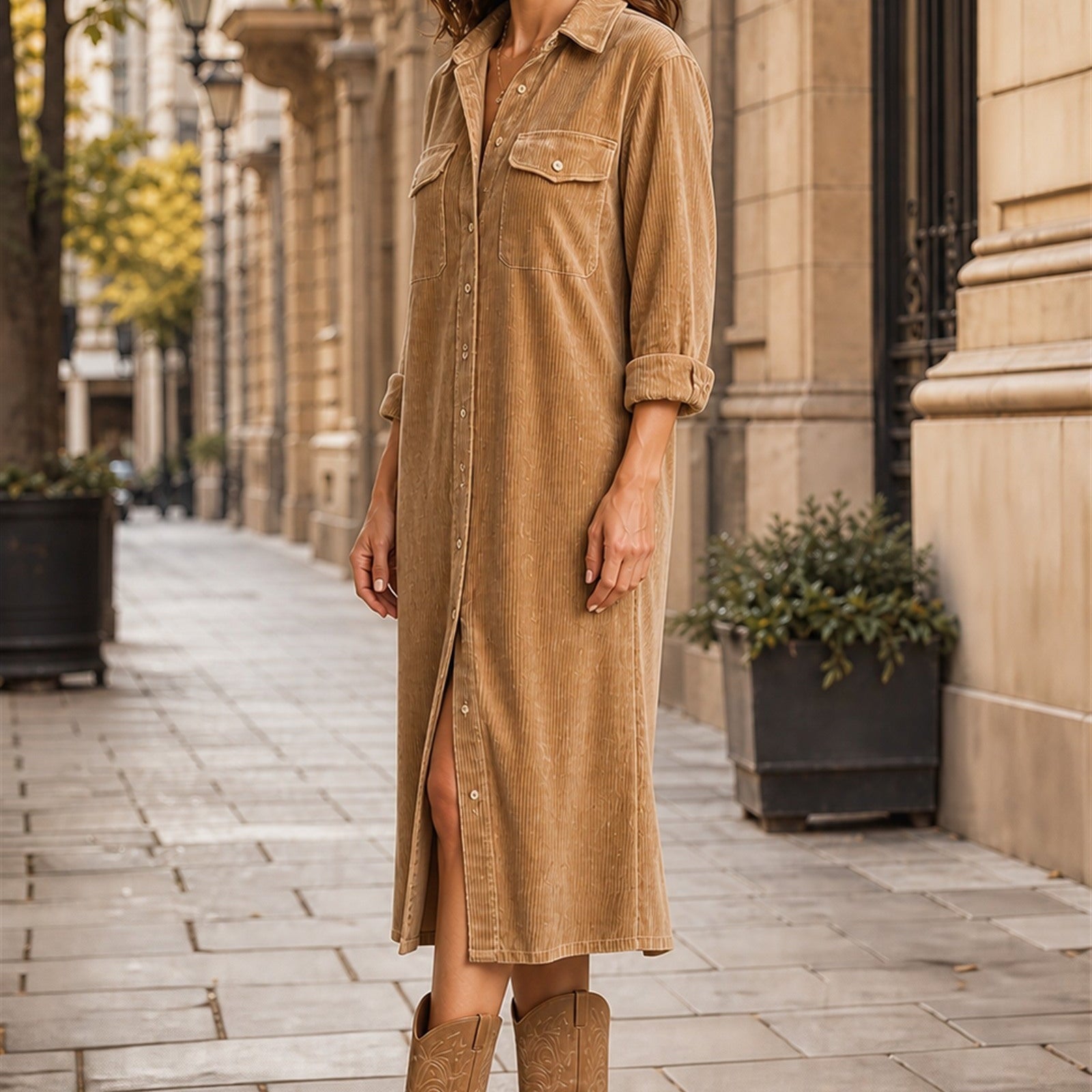 Carmen în rochie midi maro, vedere laterală în exterior