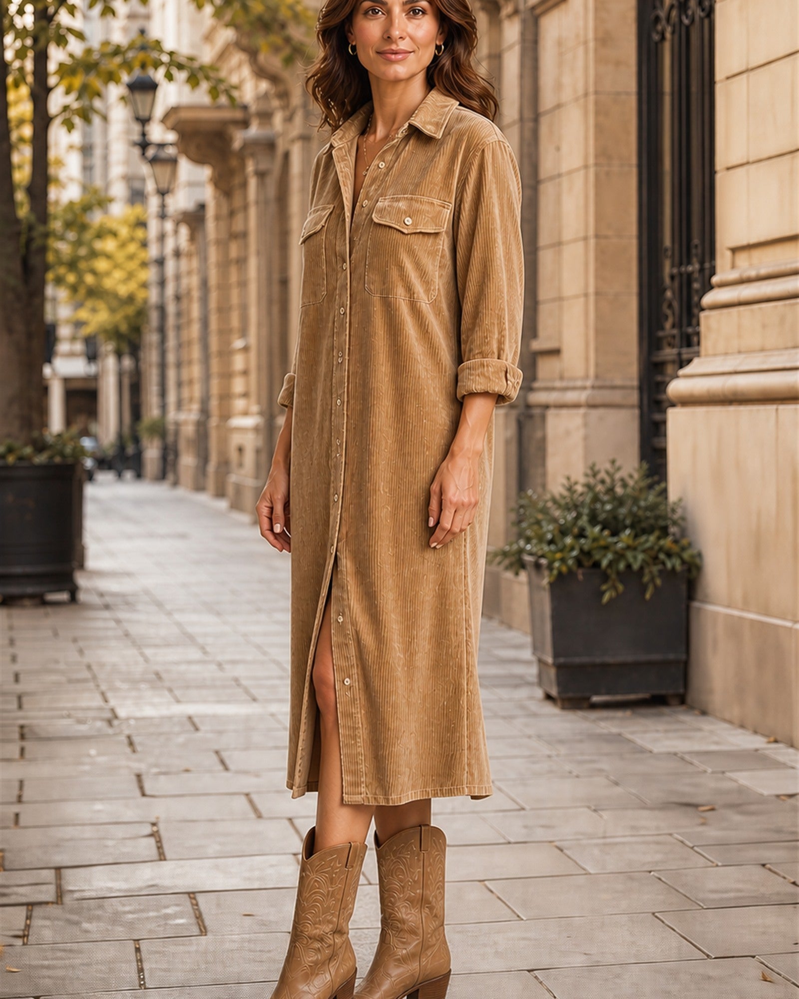 Carmen în rochie midi maro, vedere laterală în exterior